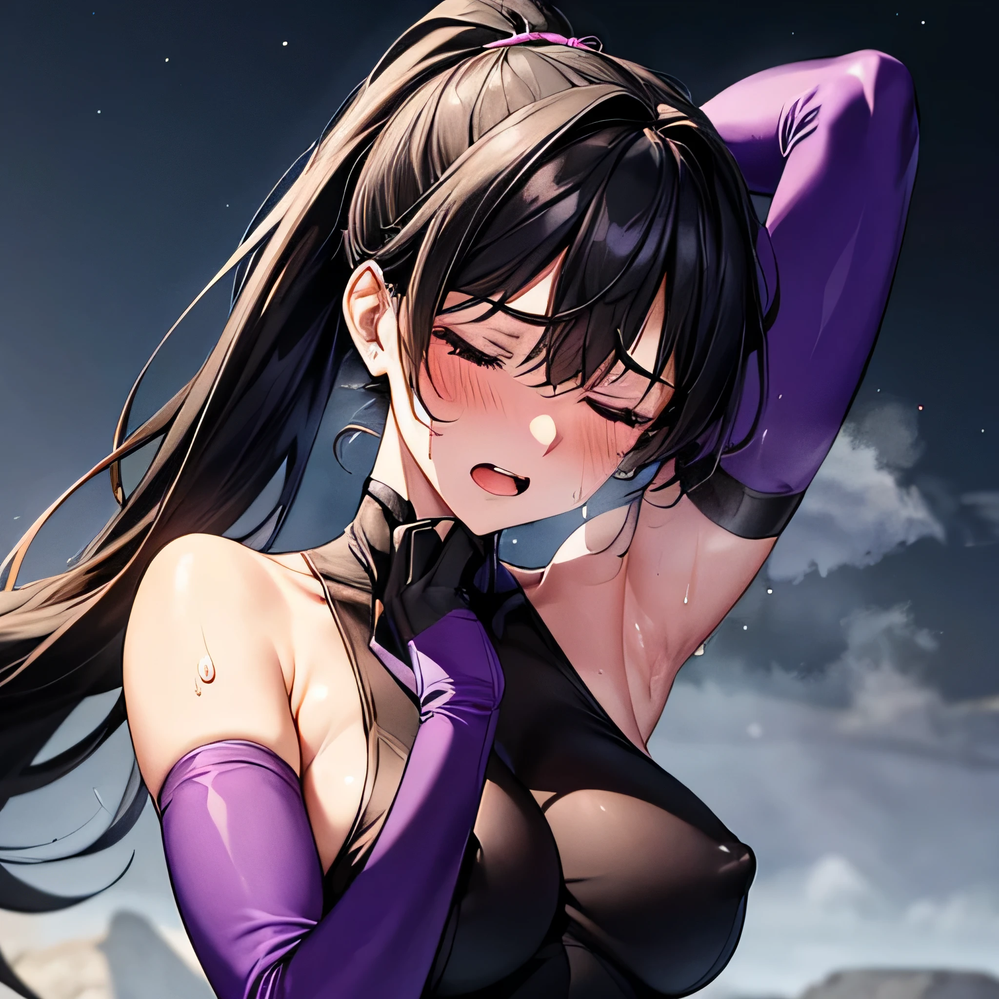 ((masterpiece)), ((highest quality)), ((super detailed)), 1 girl, ponytail, black hair, long hair, night sky, purple leotard, elbow bag, purple gloves, ninja mask, purple knee high boots, big breasts, covered erect nipples, look down, bare shoulders, Perfect for your skin, outdoors, blush all over the face, focus on the side, Upper body, Raise the hand, vapor, Sweat, distress, open your mouth, closed my eyes, vaporing body,