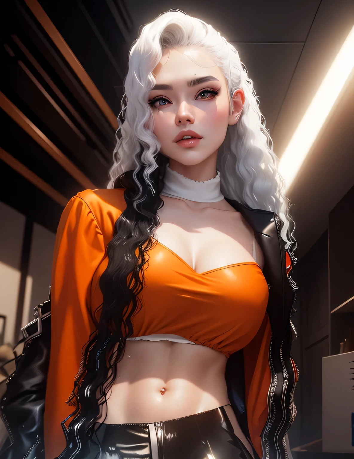 AVATAR SECOND LIFE Korean girl orange blouse and leather pants , asian white hair , rosto perfeito e detalhado, IMVU, detalhes maximalistas, AVATAR SECOND LIFE Korean blouse and pants , neon