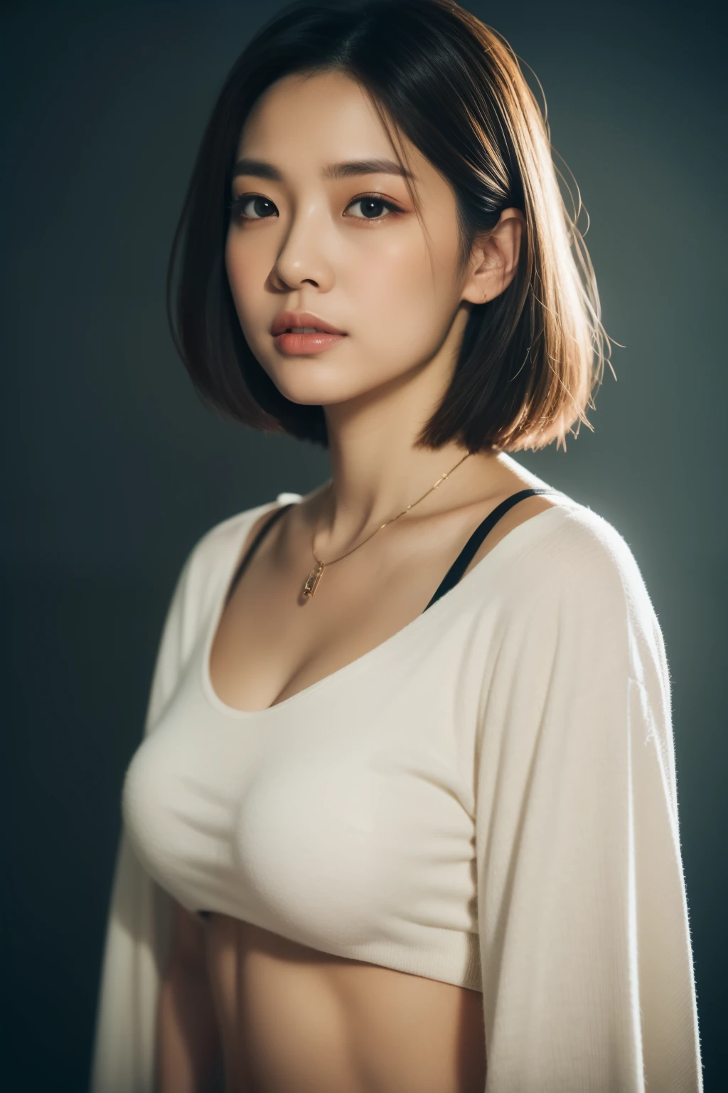 asian lady wear loose T-shirt, necklace, small breast, rounded shape breast, ((she)), ((mid-shot, full body, slender waist)), Hair Up Do、 Glowing eyes, nose blush, Carl Larsson, Alfonse Mucha, Chiaroscuro, Film Glenn, reflective light, (((mid-Shot))), waist to top,longshot show full body, masterpiece, high details, gray background, studio light