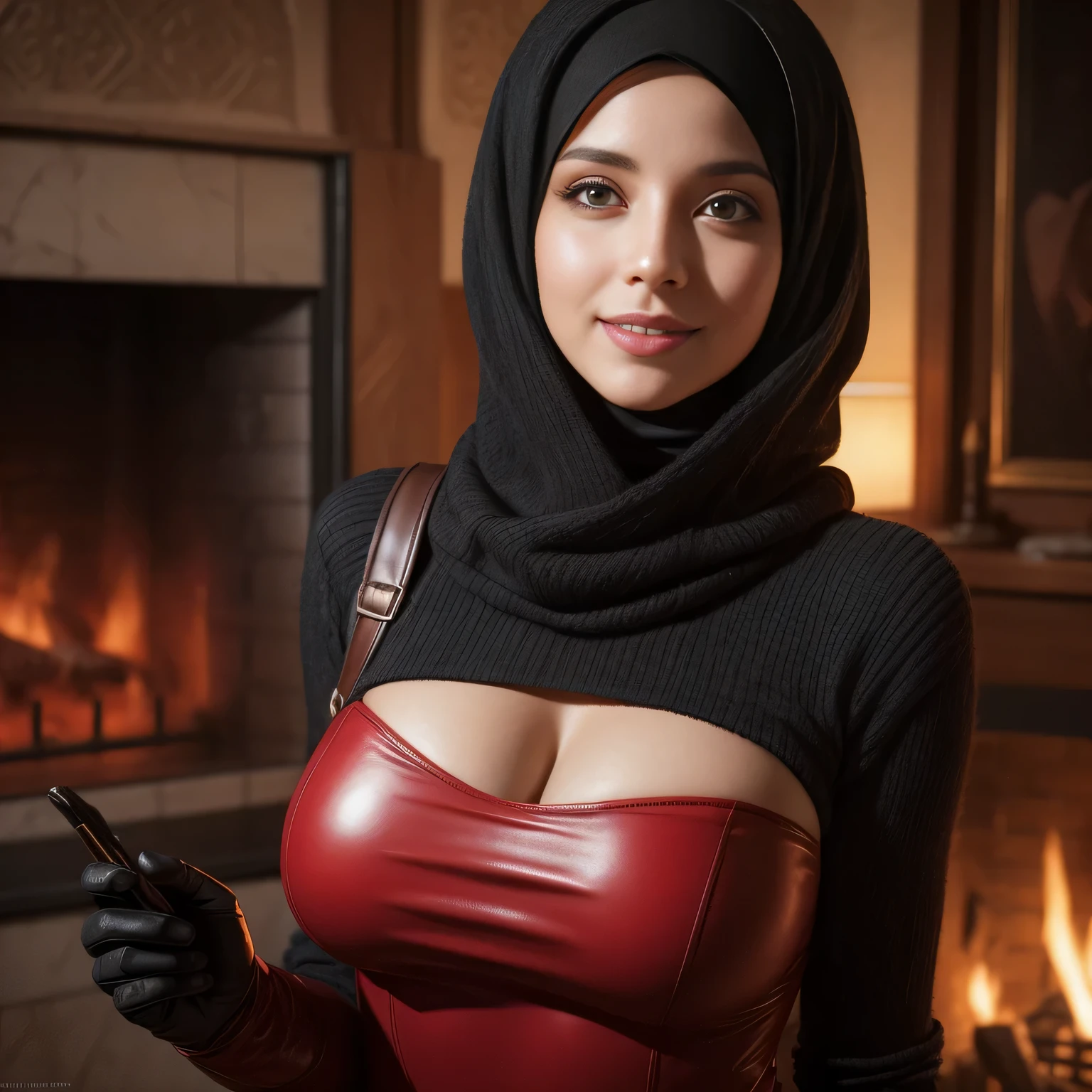 Dee768, portrait, smile, hijab, big breasts all covered, turtleneck, leather red clothes and gloves, Tangier, fireplace, detailed eyes, photography, trending on artstation, sharpness, studio photography, intricate details, highly detailed, Tangier in background, by Greg Rutkowski