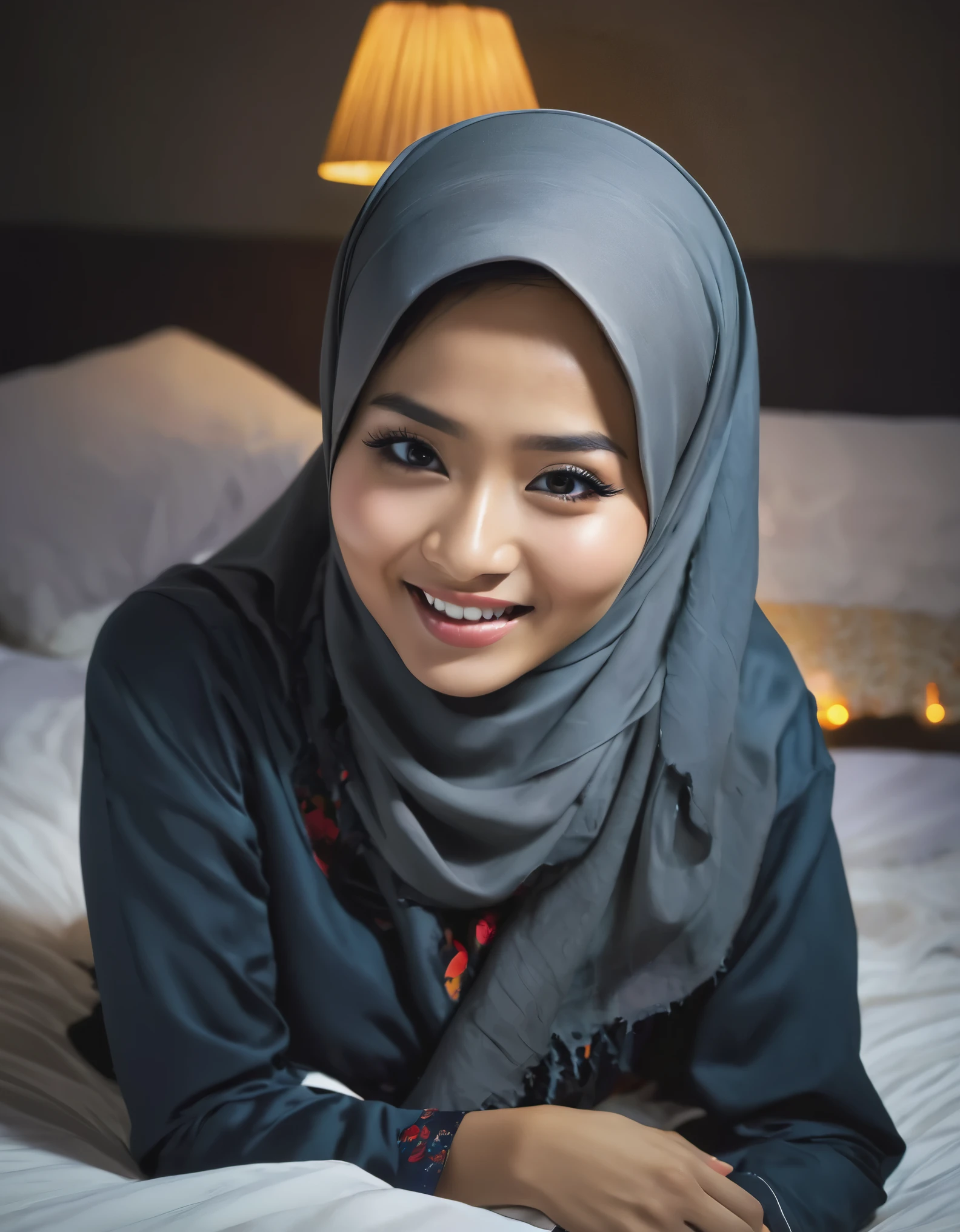wide angle, top view, beautiful indonesian girl, happy face, messy hijab, messy cloth, lying in bed, open mouth, torn face, messy bed, night, bright lamp light.