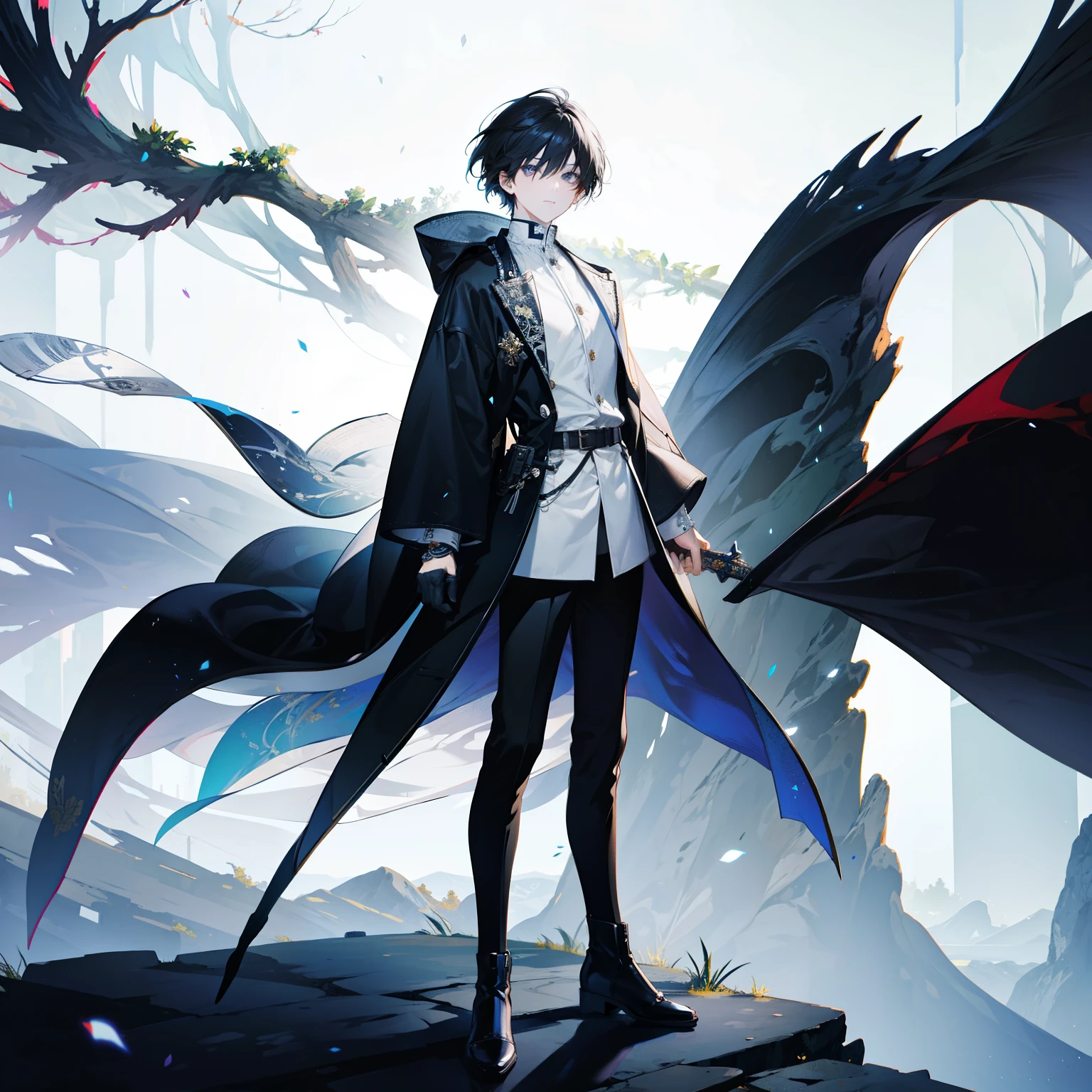 Character Design: Multiple Views of the Same Character, Character Design Sheet, Full-body Drawing, High-Quality, Clean, Beautiful, Pixiv Fashion, Makoto Shinkai Style,  Boy, Bishonen (Beautiful Boy), Fragile Appearance, Wristwatch, Black Boots, Jingly Metal Accessories, Long Hair, White Background, White Ground, Detailed and Beautiful Character Design.
