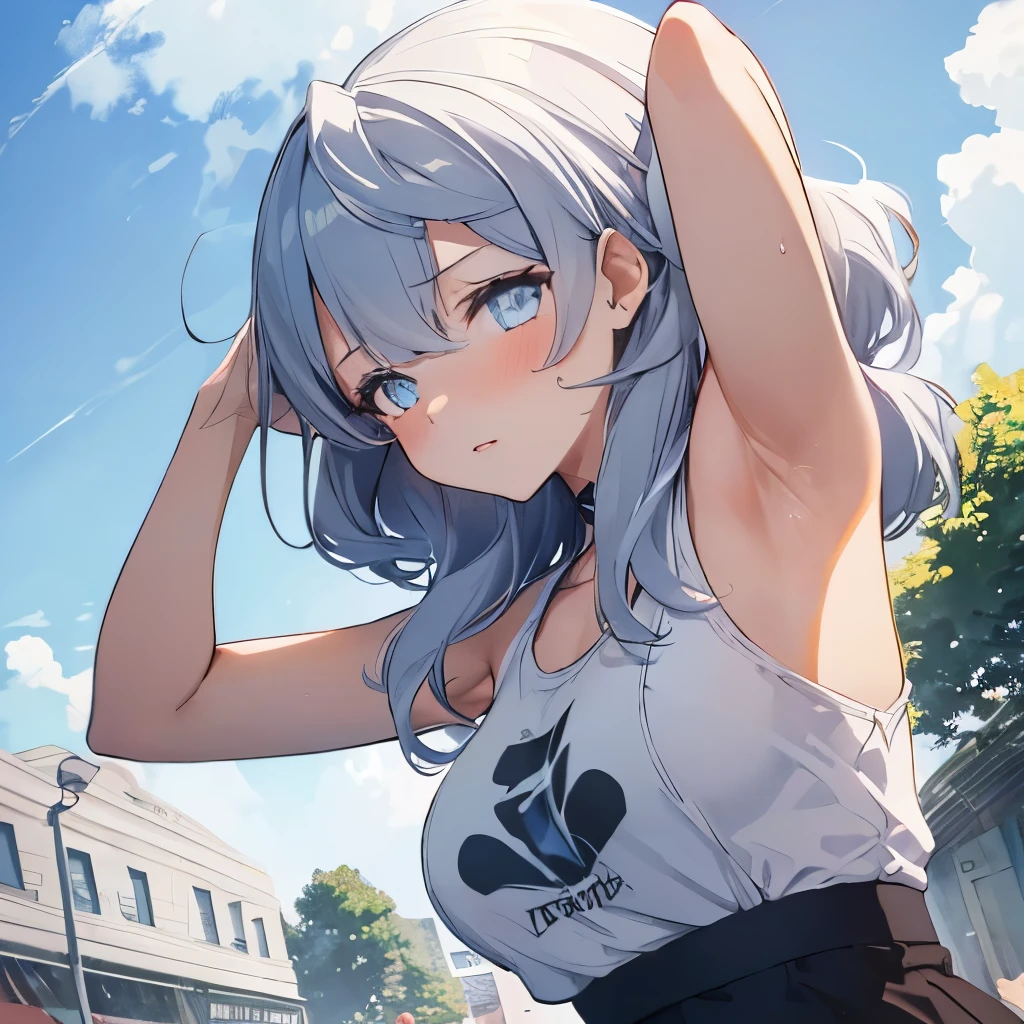 (Ultra Real), (Illustration), (High Resolution), (8K), (Very Detailed), (Best Illustration), (Beautiful Detailed Eyes), (Best Quality), (Super Detailed), (Masterpiece), (Wallpaper), (Detailed Face), Solo, (Dynamic Pose, 1girl in, Medium White Hair, Beautiful sky blue eyes, Pony tail, Tank Tops, Mini skirt, at noon, Park, Cute, blush, medium breasts⁩, Center division, arm up, armpits, sweat, sportswear, schoolyard background, show armpits