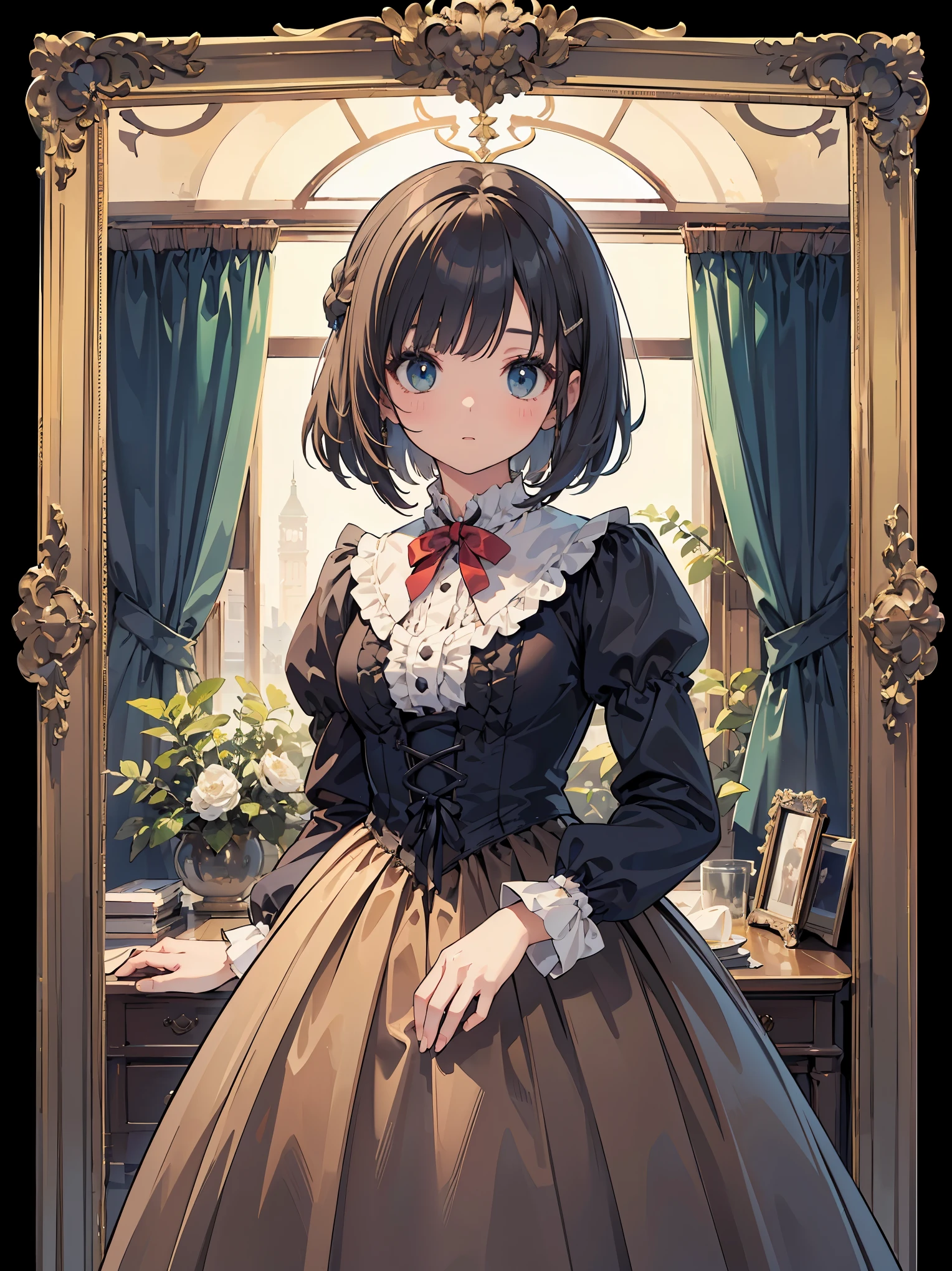 (highest quality、16K、masterpiece、ultra high resolution、Victorian era、Photoreal:1.2)、cowboy shot、One length bob cut braided hair clip with front drop、brand uniform　cute、clear、 Tsundere、heroine attributes
