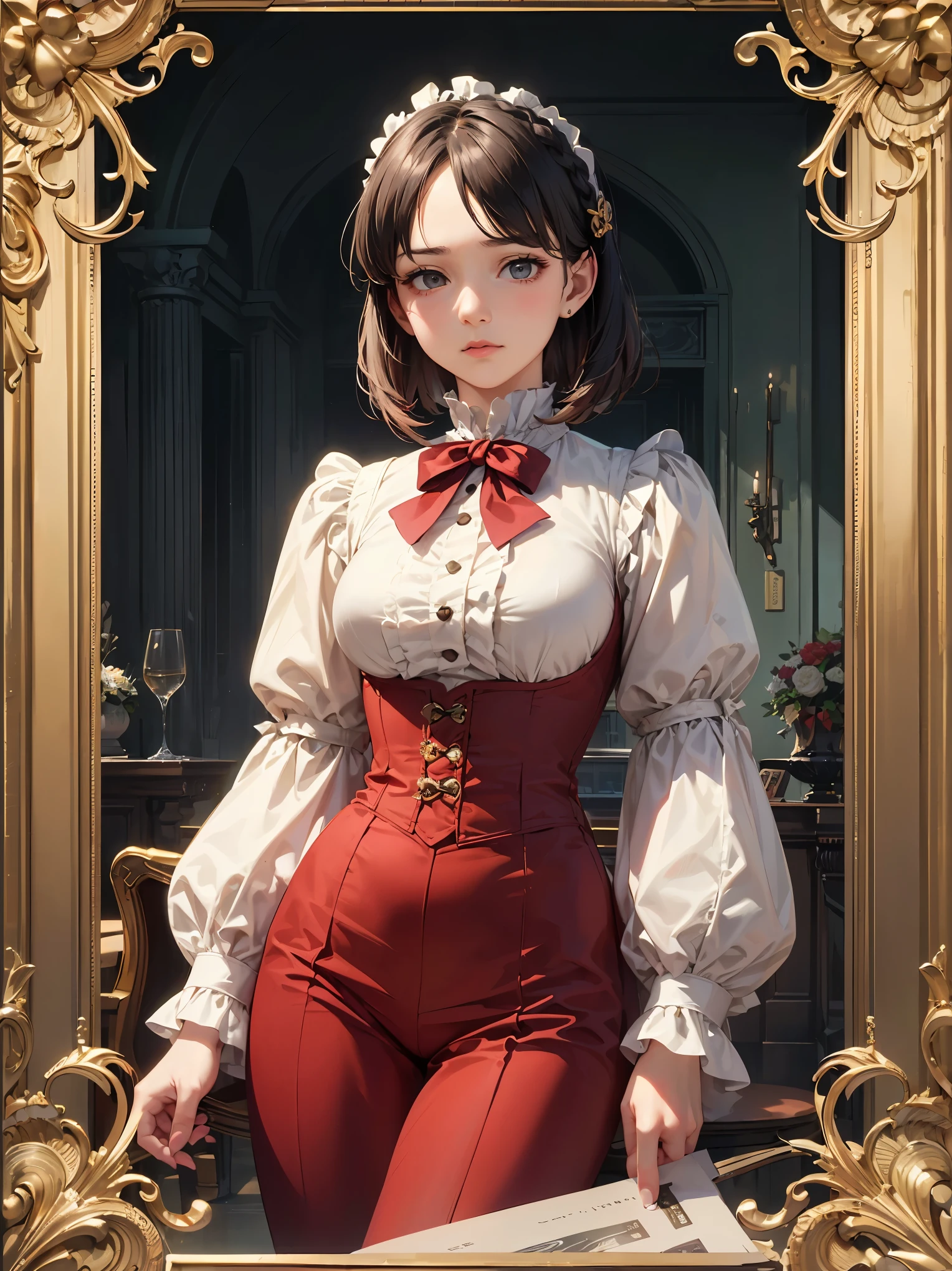 (highest quality、16K、masterpiece、ultra high resolution、Victorian era、Photoreal:1.2)、cowboy shot、One length bob cut braided hair clip with front drop、brand uniform cute、clear、 Tsundere、heroine attributes