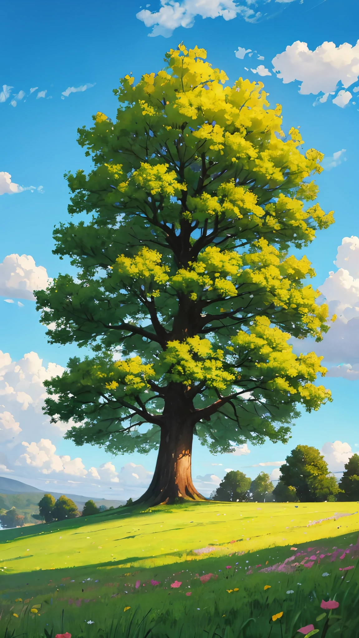  a beautiful tree in the middle of the field, cloudy and sunny sky .