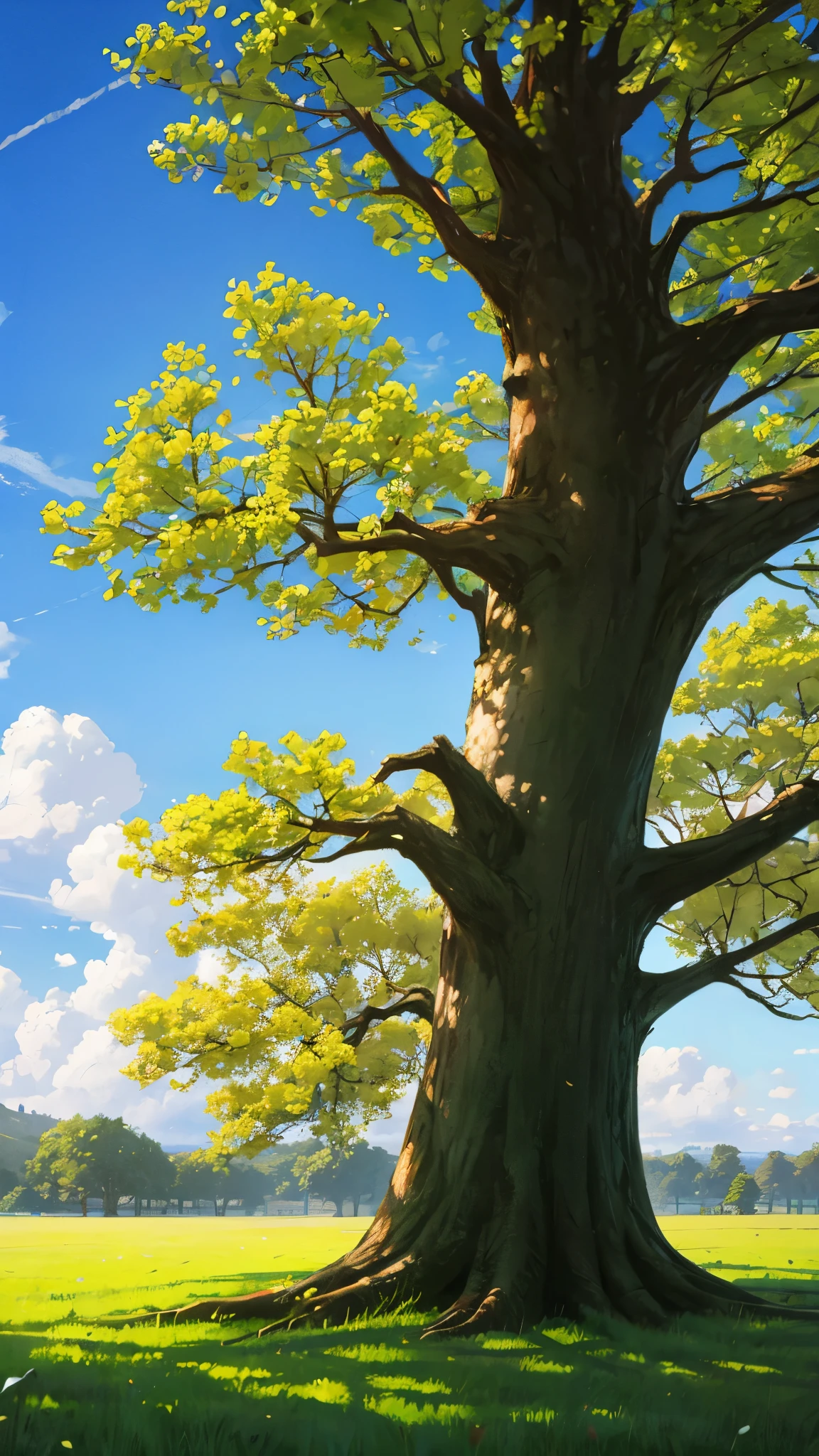 a beautiful tree in the middle of the field, cloudy and sunny sky .