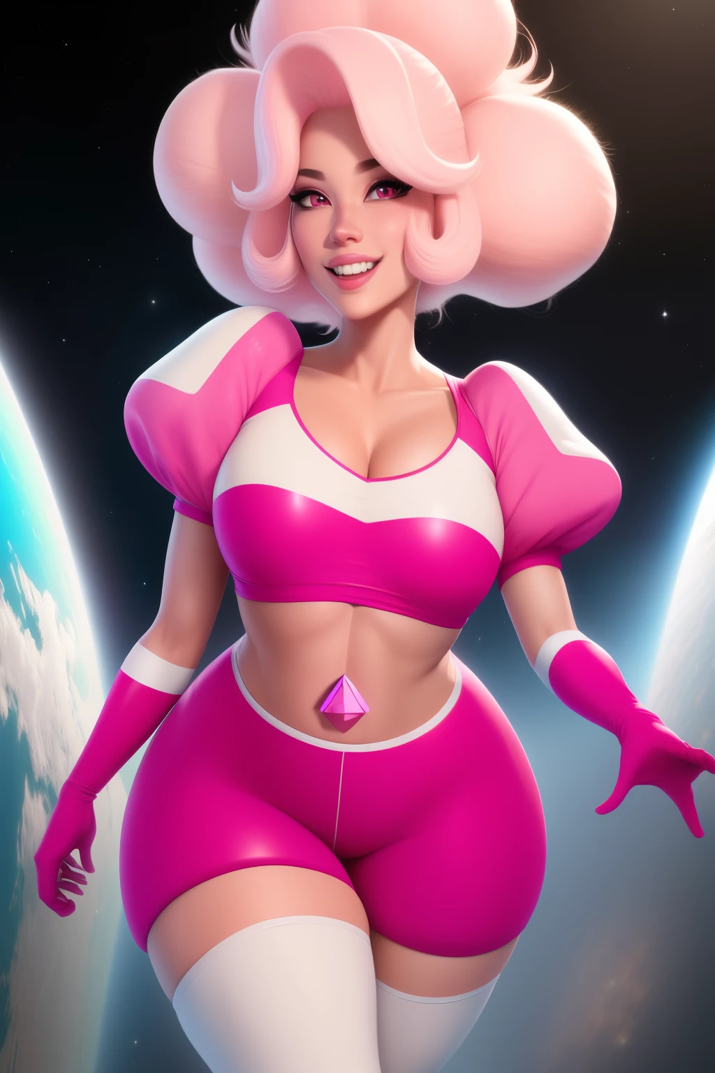 pnkdamond, pink hair, pink eyes,  big hair,  stomach gem,  pink skin,  toned, 
puffy short sleeves, elbow gloves ,  white thighhighs,   puffy dress, 
standing, upper body, 
 outerspace,  
(insanely detailed, beautiful detailed face,beautiful detailed eyes, masterpiece, best quality) cinematic lighting,  smile, 
 