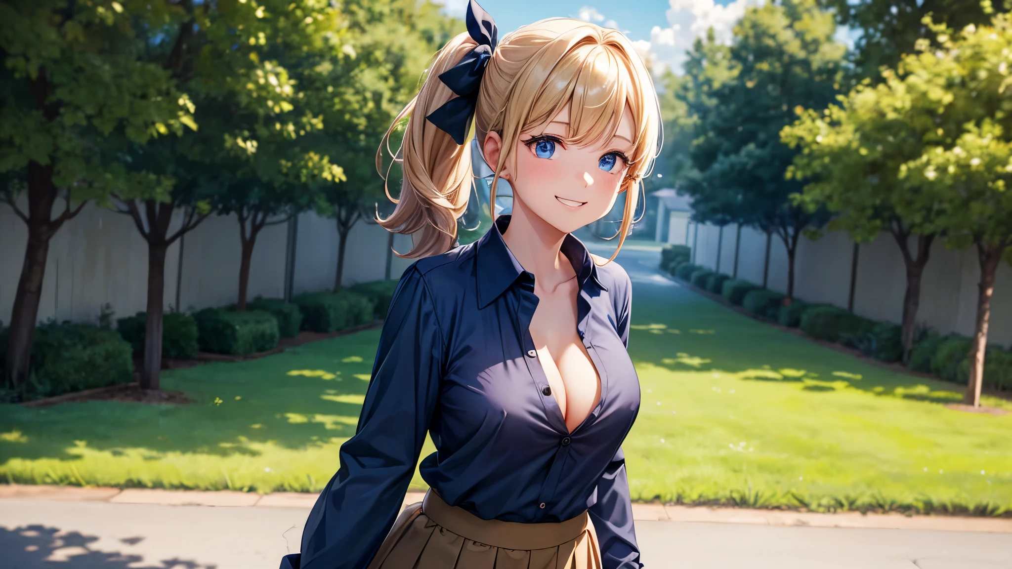 1girl, solo, summer, village, trees, sun, clouds, chestnut hair, side ponytail, large breasts, ((popping shirt buttons)), button down, unbuttoning buttons, dark blue eyes, ((dark blue shirt)), ((unbuttoned shirt)), ((short sleeved shirt)), cleavage 1:3, black skirt, brown shoes, grin, looking at the viewer, standing, hair ribbon, golden necklate