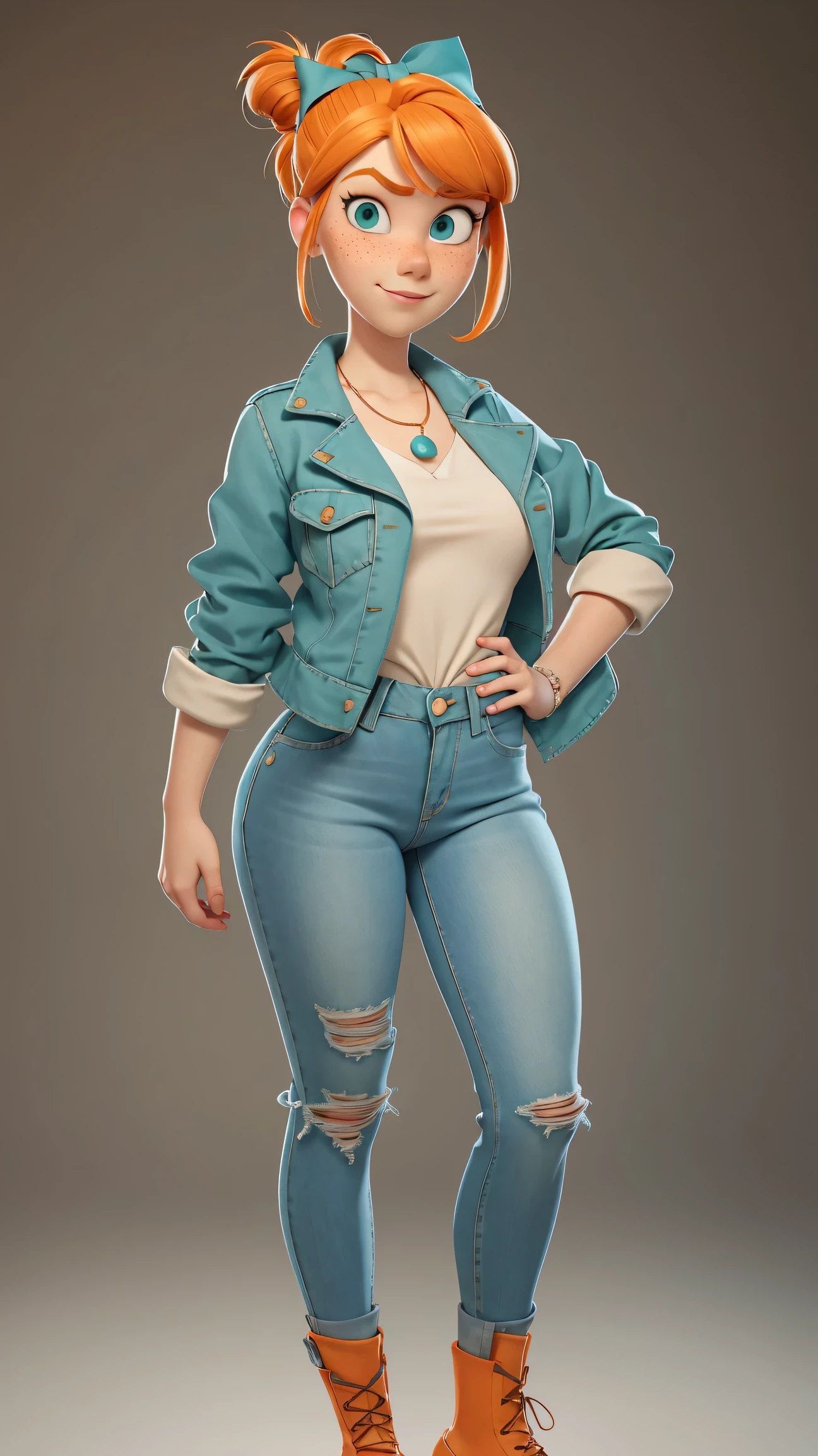 1girl, Orange hair in a bun, green eyes, slight smirk, freckles on cheeks, thin eyebrows, white necklace with a bow, teal jacket, pale skin, standing, cartoon, (pixar:1.2), Lucy Wilde, long nose, bangs, tight jeans,full body view, wide hips, huge breasts, tight top, camel toe, large breasts