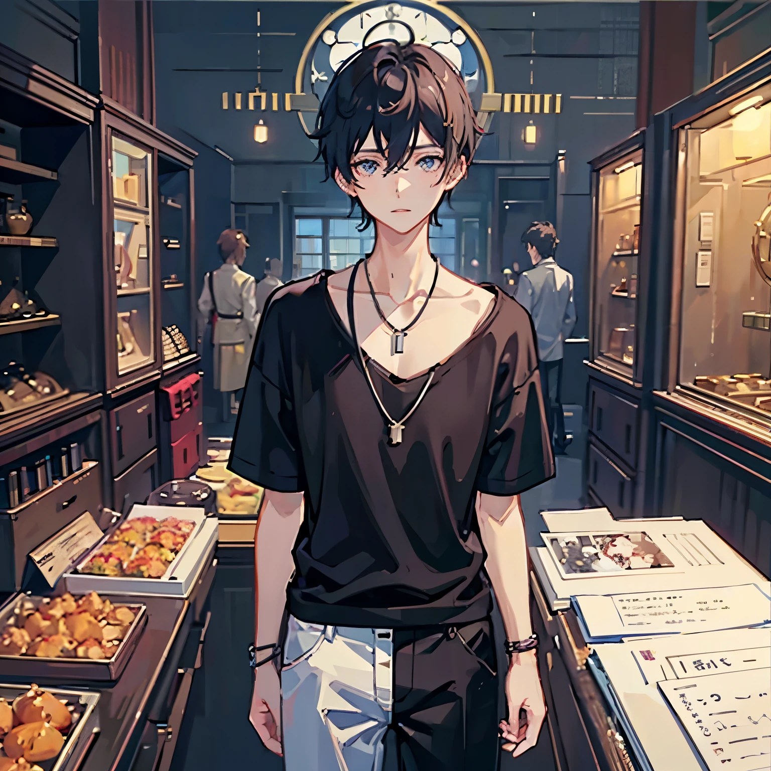 1 boy, bangs, berry, black hair, black shirt, blue eyes, hair between eyes, jewelry, leaf, looking at the audience, male focus, necklace, pants, shirt, alone, clock, white pants, clock, messy hair, art station trends, 8K resolution, very detailed, anatomically correct, clear image, digital painting, concept art, pixiv fashion trends, Makoto Shinkai&#39;s style,Multiple Views, Character Design Sheet, Full Body, Whole Figure, Entire Body