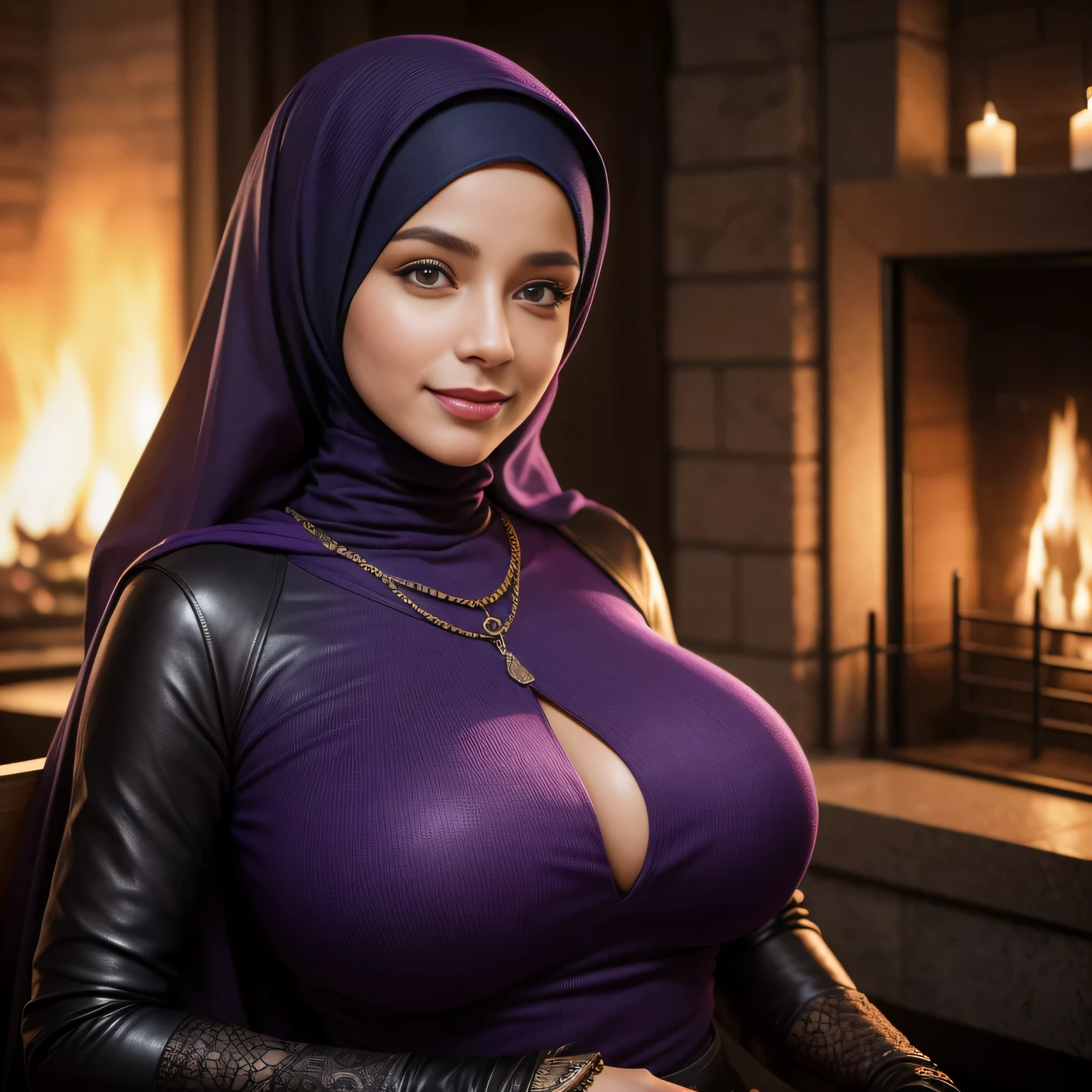 Dee768, portrait, smile, hijab, big breasts, turtleneck, leather purple clothes, Tangier, fireplace, detailed eyes, photography, trending on artstation, sharpness, studio photography, intricate details, highly detailed, Tangier in background, by Greg Rutkowski
