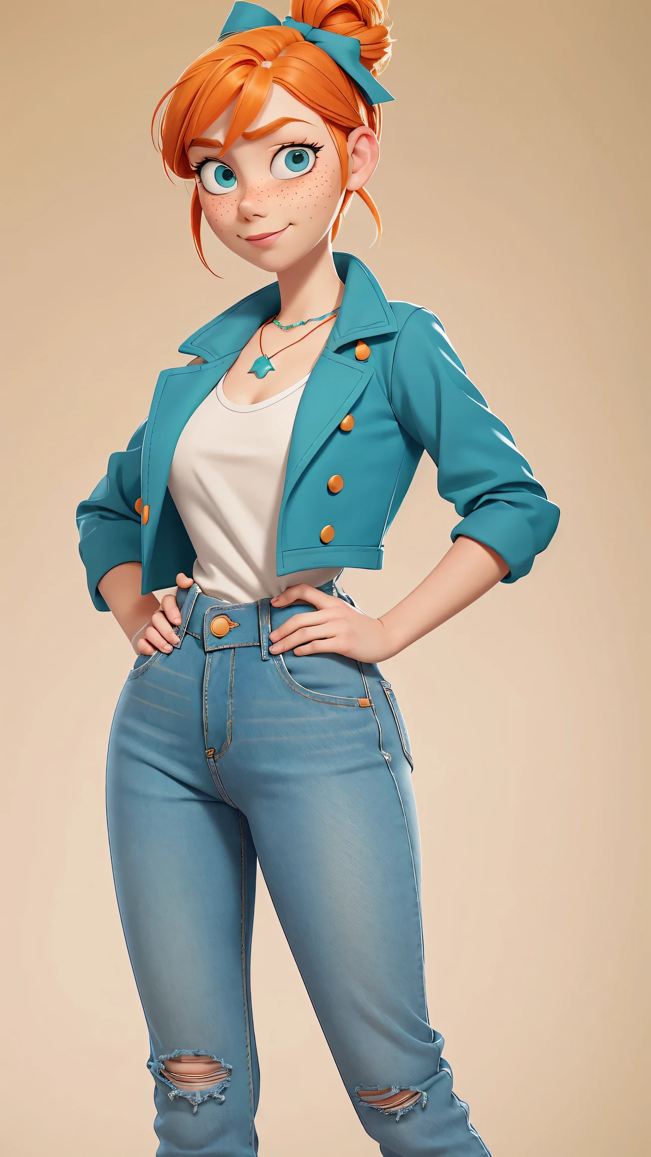 1girl, Orange hair in a bun, green eyes, slight smirk, freckles on cheeks, thin eyebrows, white necklace with a bow, teal jacket, pale skin, standing, cartoon, (pixar:1.2), Lucy Wilde, long nose, bangs, tight jeans,full body view, wide hips, huge breasts, tight top, camel toe, large breasts