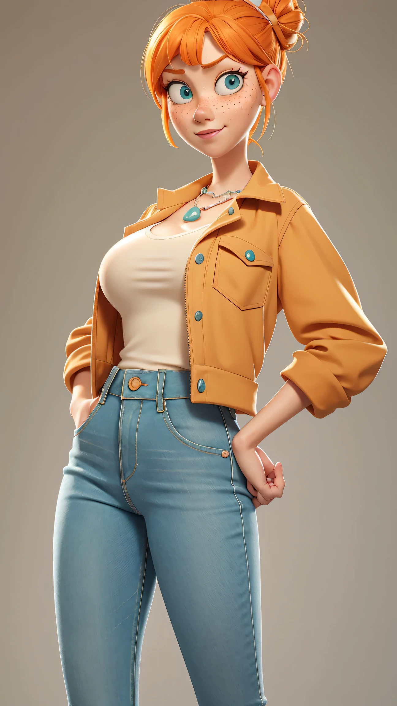 1girl, Orange hair in a bun, green eyes, slight smirk, freckles on cheeks, thin eyebrows, white necklace with a bow, teal jacket, pale skin, standing, cartoon, (pixar:1.2), Lucy Wilde, long nose, bangs, tight jeans,full body view, wide hips, huge breasts, tight top, camel toe, large breasts