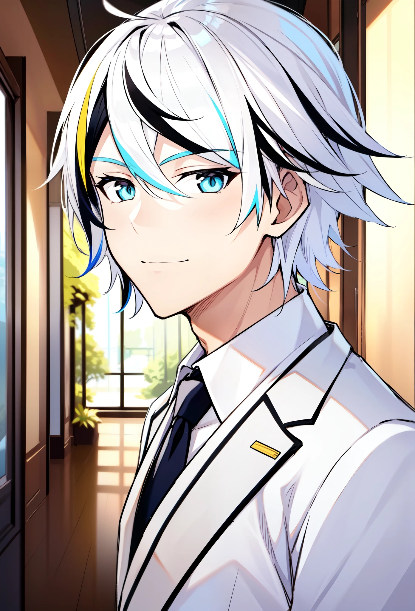 ((white hair)), ((multicolored hair)), ((complementary color)), ((school)), ((hallway)), ((cheerful expression)), ((handsome)), ((light skin)),1boy, beautifully drawn, high resolution illustration, best quality, High definition, ((detailed anime sketch)), Masterpiece, (solo), absurdres, ((wild hairstyle)), detailed background, fine detail, male focus, HDR, ((short hair)),((close-up)), upper body, detailed, portrait
