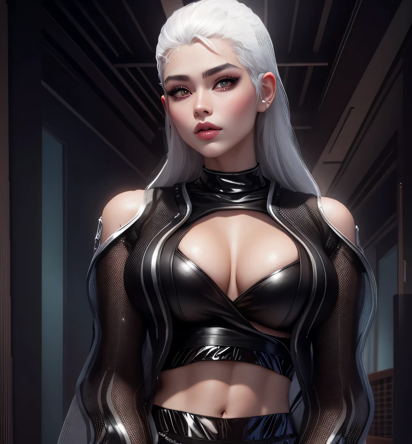 AVATAR SECOND LIFE Korean girl black top and leather pants , asian white hair , rosto perfeito e detalhado, IMVU, detalhes maximalistas, AVATAR SECOND LIFE Korean blouse and pants , neon