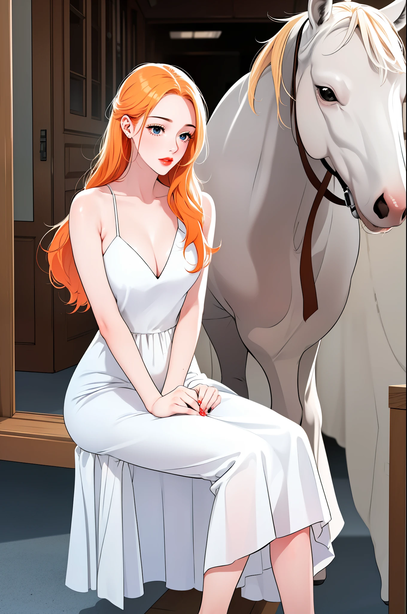an extremely beautiful and gorgeous cute yellow skin mother, long orange shiny hair, a kind worried sad smile, blue eyes, red lips, and red nails, wearing a long white full body covering white dress, sitting in the corner of a horse stable, looking down at her extremely cute small blonde white fair daughter who is sleeping on her lap peacefully and patting her small head, grass floor, day time.