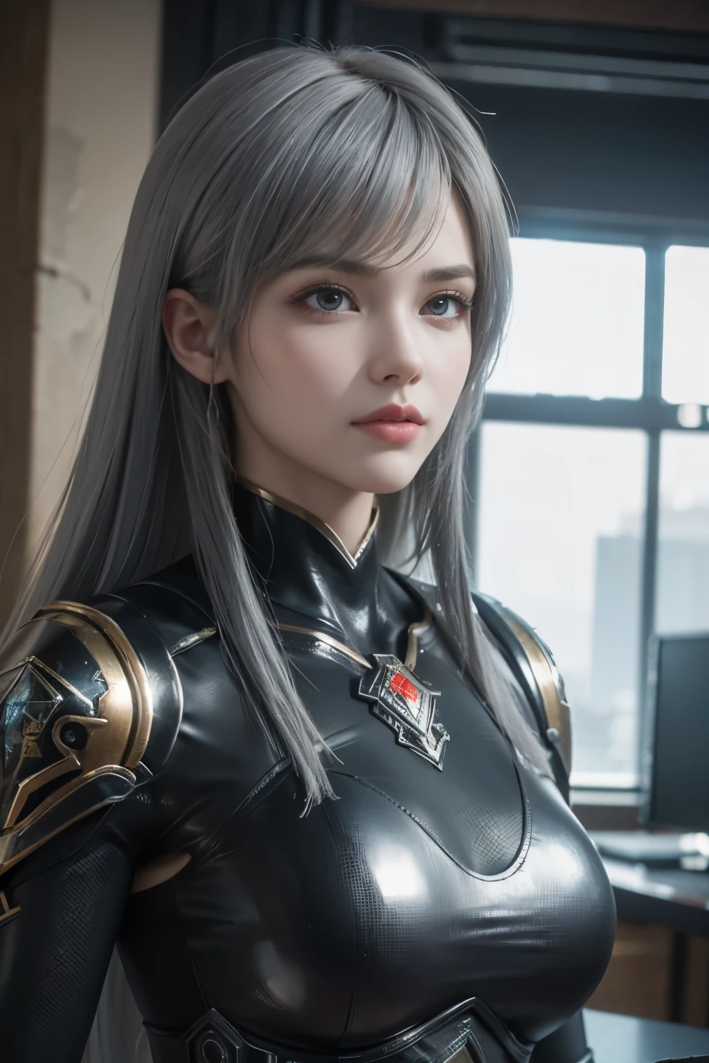 Masterpiece,Game art,The best picture quality,Highest resolution,8K,(Portrait),Unreal Engine 5 rendering works,(Digital Photography),((Portrait Feature:1.5)),
20 year old girl,Short hair details,With long bangs,(The red eye makeup is very meticulous),(With long gray hair:1.4),(Large, full breasts),Elegant and noble,Brave and charming,
(Future armor combined with the characteristics of ancient Chinese armor,Hollow design,Power Armor,The mysterious Eastern runes,A delicate dress pattern,A flash of magic),Warrior of the future,Cyberpunk figures,Background of war,
Movie lights，Ray tracing，Game CG，((3D Unreal Engine))，OC rendering reflection pattern