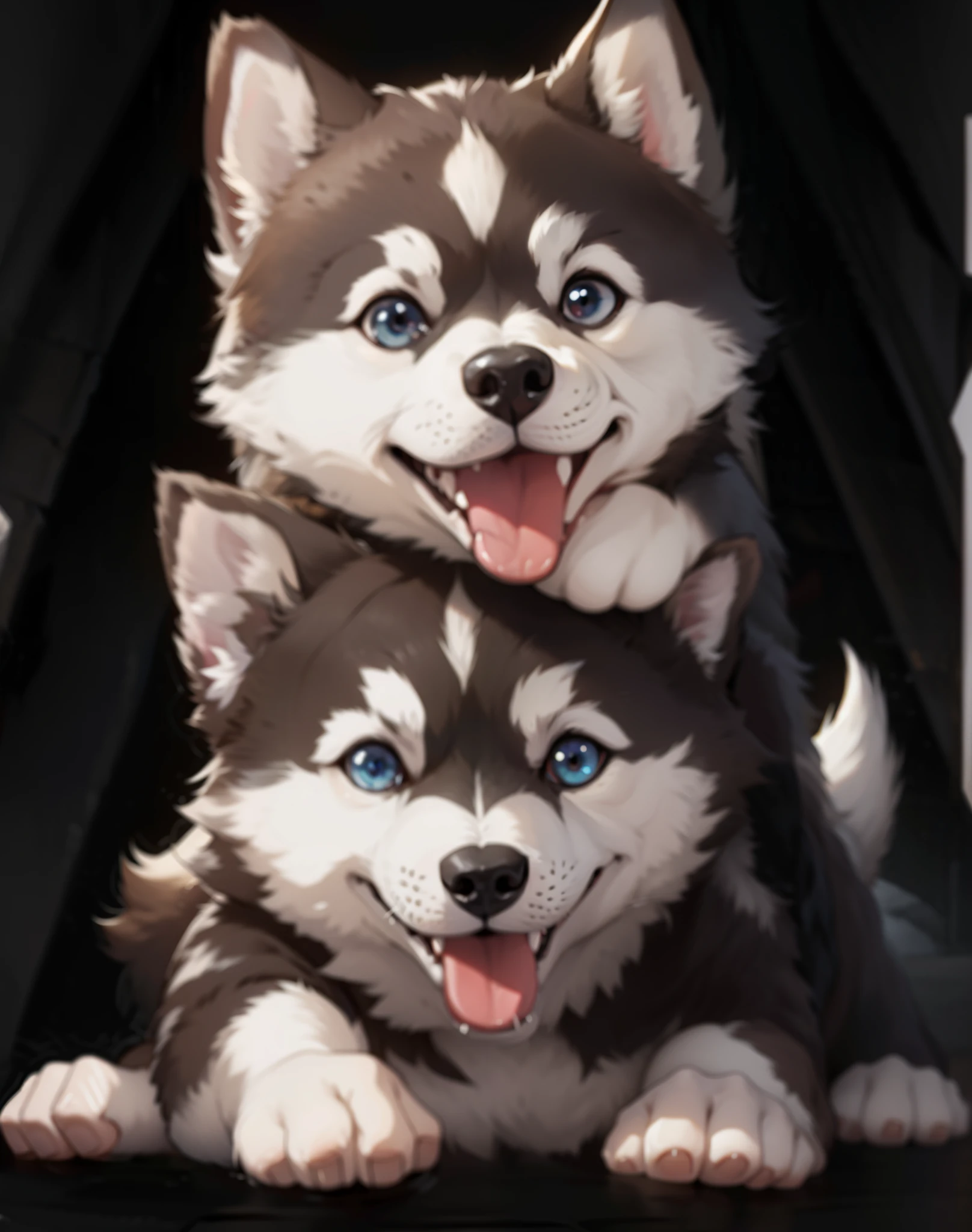 two husky dogs are sitting on a black blanket with their heads hanging out, anime cover, r/aww, husky, awwwww, dogs, doge, sakimi, two finnish lapphunds, aww, puppies, siberian husky, cute faces, by Shiba Kōkan, husky dog, two dogs, wlop and sakimichan, closeup!!!!!!