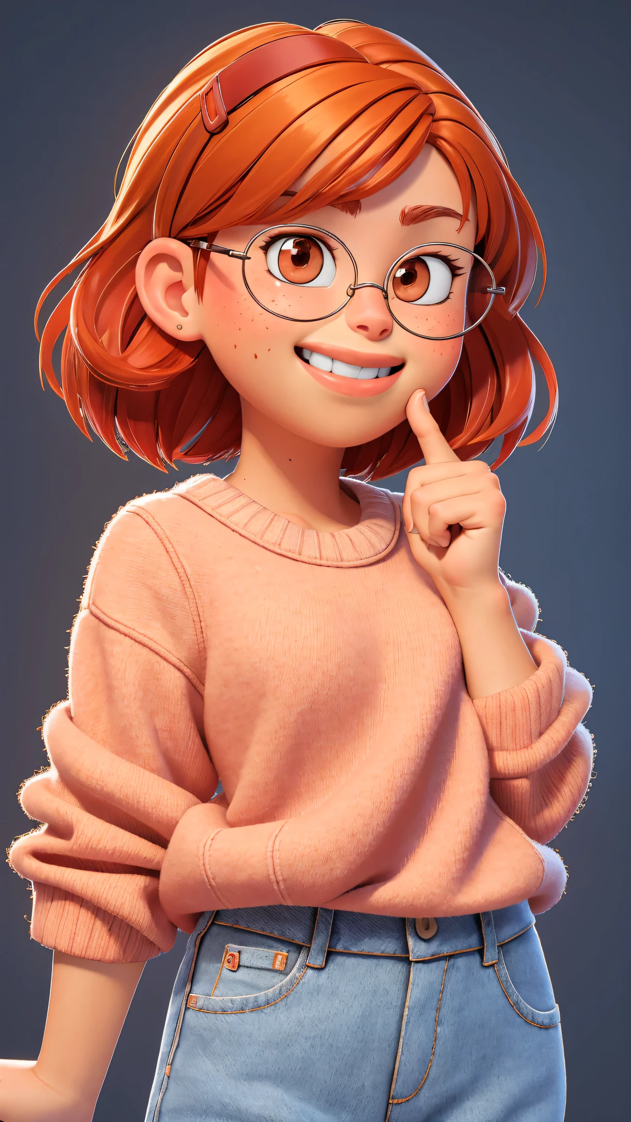 (best quality:1.4),(shiny skin), body focus, (cute face), (((best quality))), illustration, ((Beautiful Finger)), , Beautiful body, Beautiful character design, ,perfect lighting, Colorful, Bright_Front_face_Lighting, ultra high res, highres, absurdres:1.2, bokeh:1.2, lens flare, (vibrant_color:1.2), (Beautiful, small breasts:1.4),
Reddish-orange hair, red hairclip, circular glasses, (brown eyes:1.2),  white sweater, smile (chubby:1), jeans, of small stature, indoors, palms, hand on hip,
