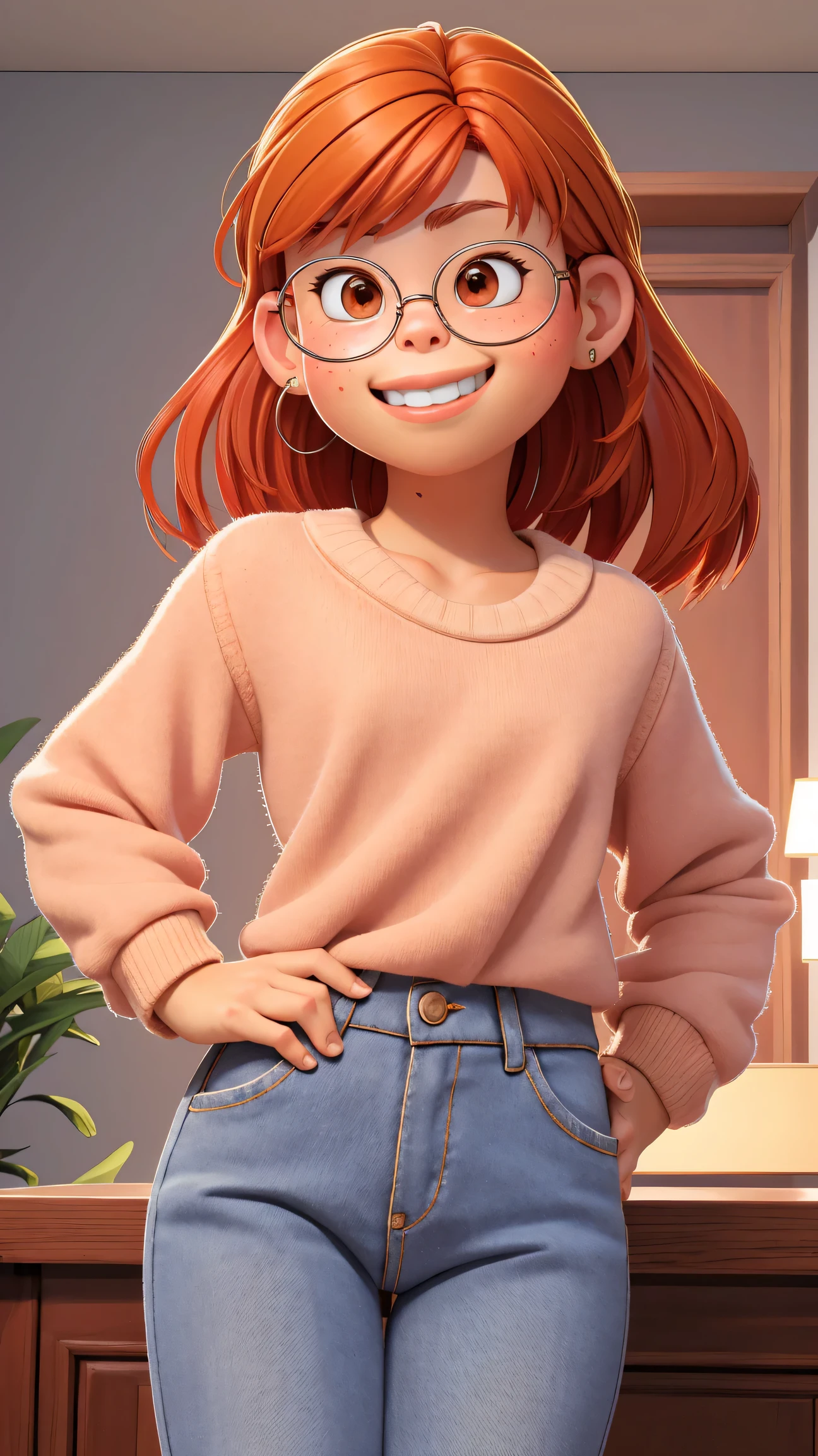 (best quality:1.4),(shiny skin), body focus, (cute face), (((best quality))), illustration, ((Beautiful Finger)), , Beautiful body, Beautiful character design, ,perfect lighting, Colorful, Bright_Front_face_Lighting, ultra high res, highres, absurdres:1.2, bokeh:1.2, lens flare, (vibrant_color:1.2), (Beautiful, small breasts:1.4),
Reddish-orange hair, red hairclip, circular glasses, (brown eyes:1.2),  white sweater, smile (chubby:1), jeans, of small stature, indoors, palms, hand on hip,