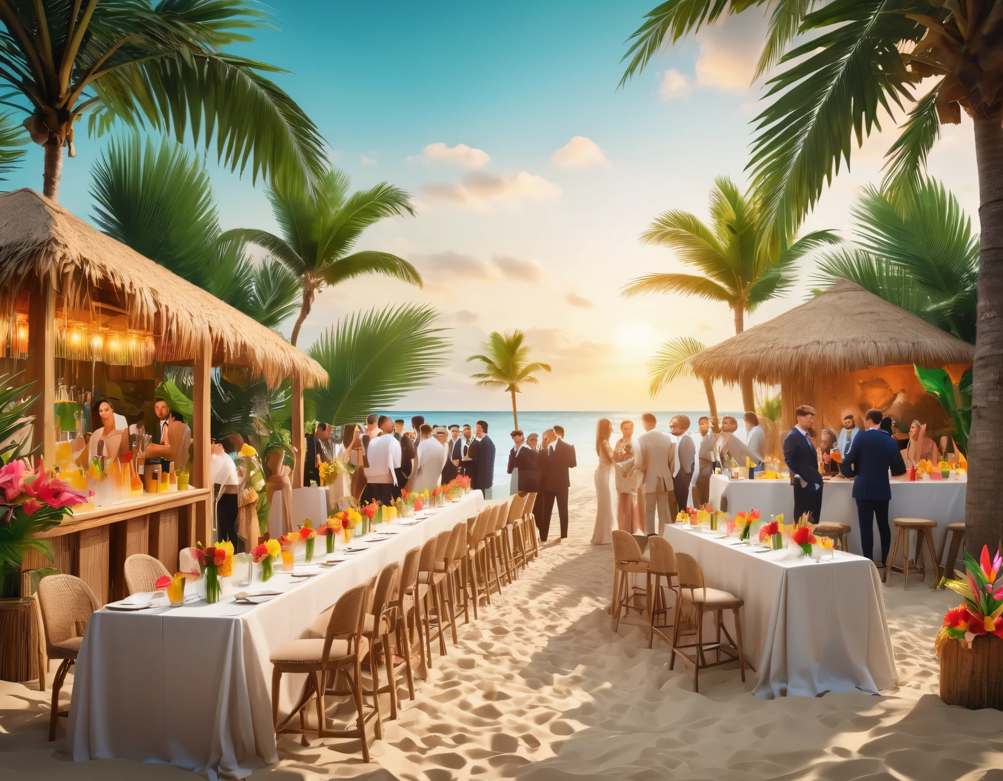 realistic photo, thematic corporate party, the theme of the party is a beach party, a dozen or so people in suits, artificial sand spilled out, a bar covered with straw and palm leaves, several tropical flowers in pots, drinks in paper cups, raw photo, 8k, detailed, realistic photo, panoramic shot