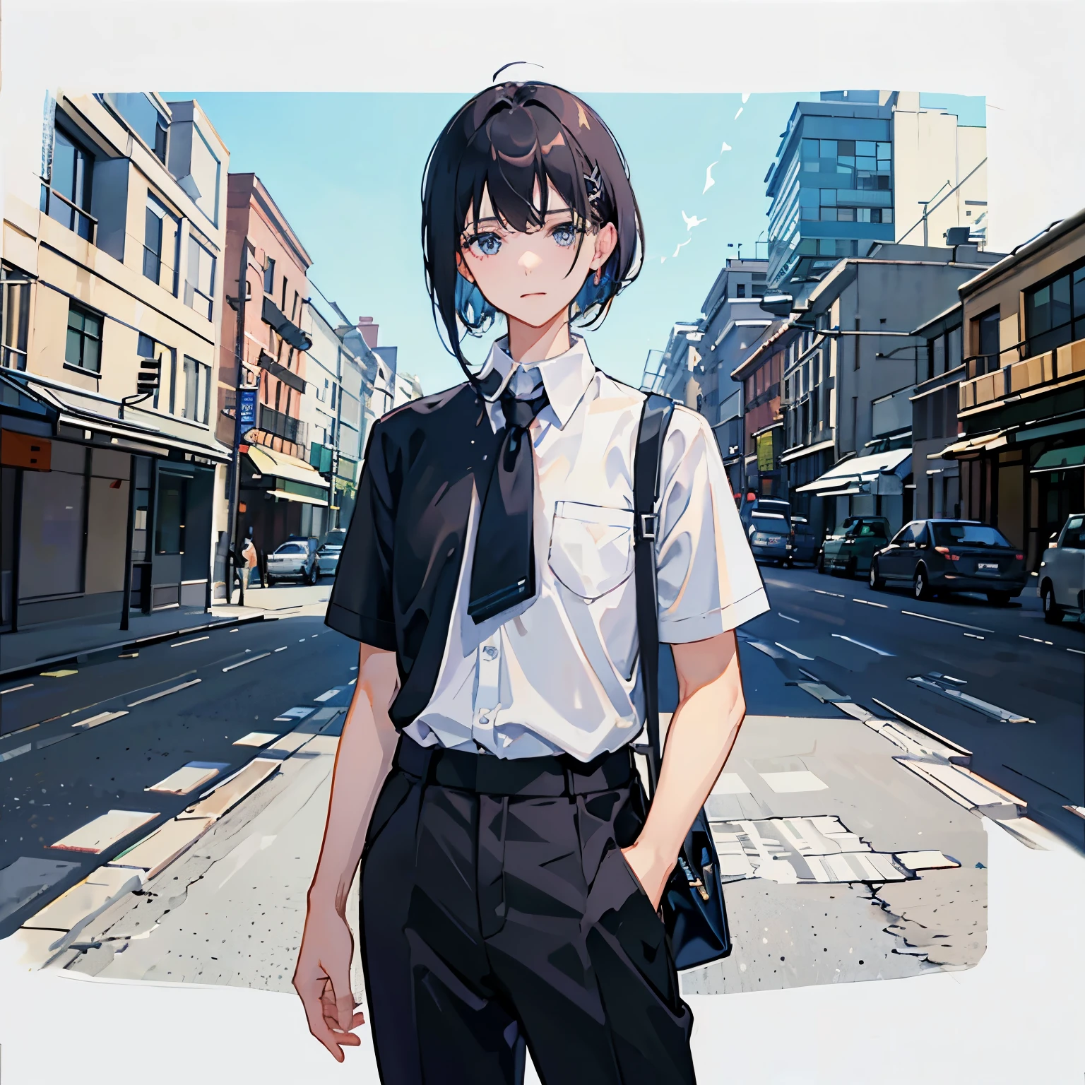 multiple views,school uniform,simple background,white background,whole body,　character design sheet　juvenile　10代juvenile　美juvenile　ephemeral　sad face　beautiful　thin line　one boy　black hair　blue eyes　wearing black clothes　　white skin　the ground is white　The sky is white too　1 boy, bangs, berry, black hair, black shirt, blue eyes, hair between eyes, jewelry, leaf, looking at the audience, male focus, necklace, pants, shirt, alone, clock, white pants, clock, messy hair, art station trends, 8K resolution, very detailed, anatomically correct, clear image, digital painting, concept art, pixiv fashion trends, Makoto Shinkai&#39;s style
