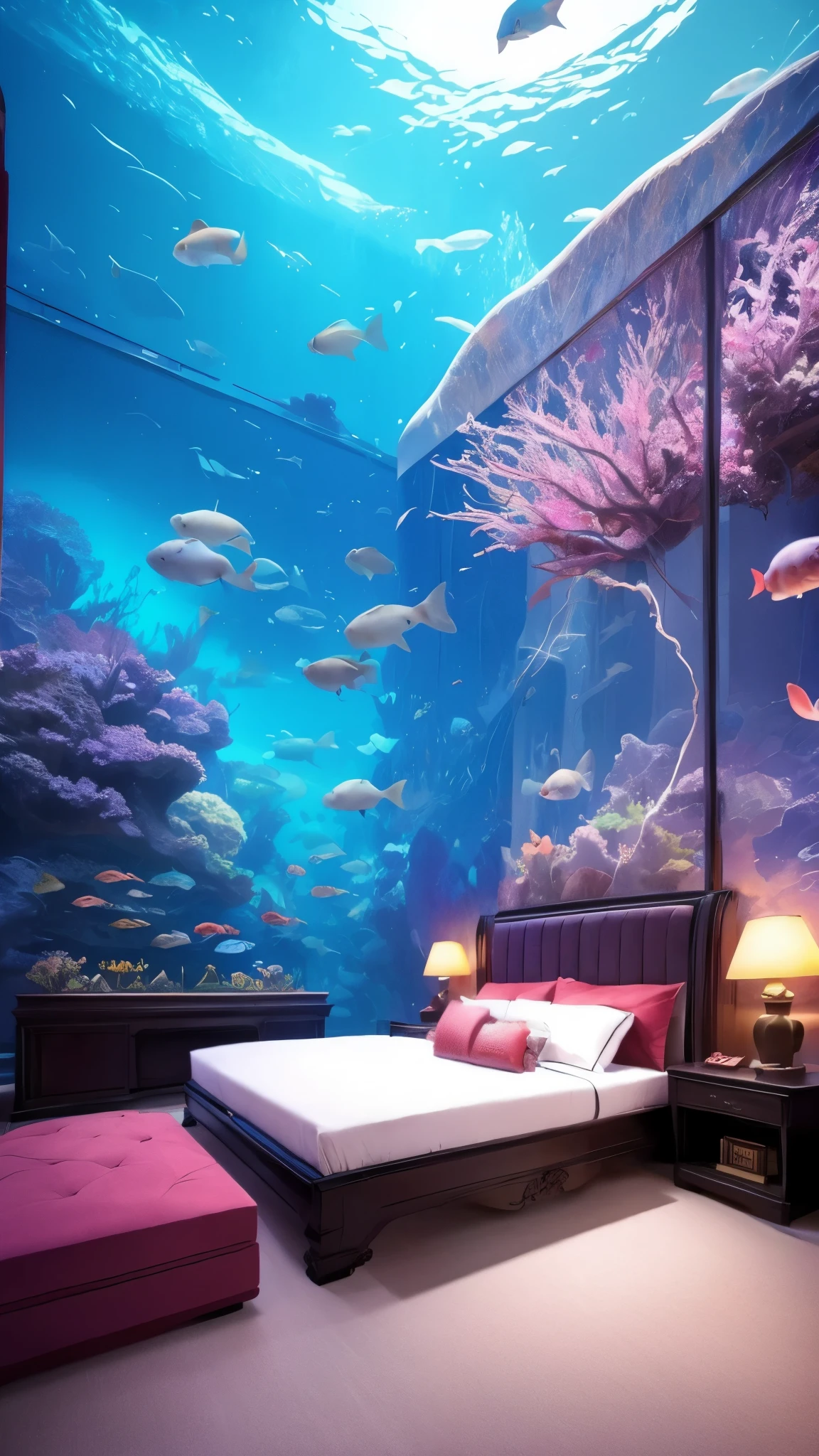 a bed in a room with a sky painted on the ceiling, underwater home, fishes floating in bedroom, ( ( ( aquarium bed ) ) ) ), floating under water, dreampool rooms, under water scenery, deep underwater, underwater ocean, futuristic room, inside an underwater train, bubbly underwater scenery, dream world, inside of a bedroom, beautiful 3 d rendering.red.fantasy world.