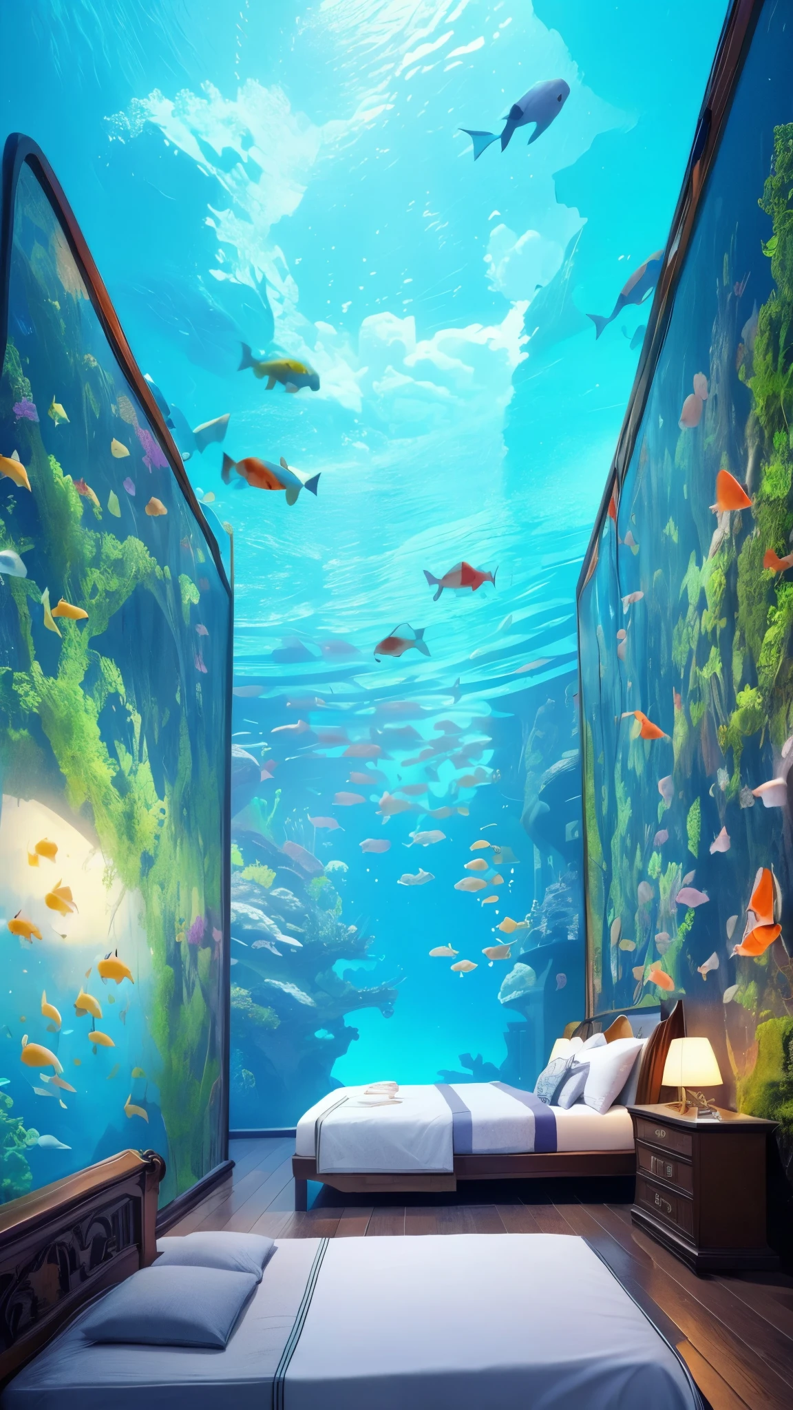 a bed in a room with a sky painted on the ceiling, underwater home, fishes floating in bedroom, ( ( ( aquarium bed ) ) ) ), floating under water, dreampool rooms, under water scenery, deep underwater, underwater ocean, futuristic room, inside an underwater train, bubbly underwater scenery, dream world, inside of a bedroom, beautiful 3 d rendering.red.fantasy world.