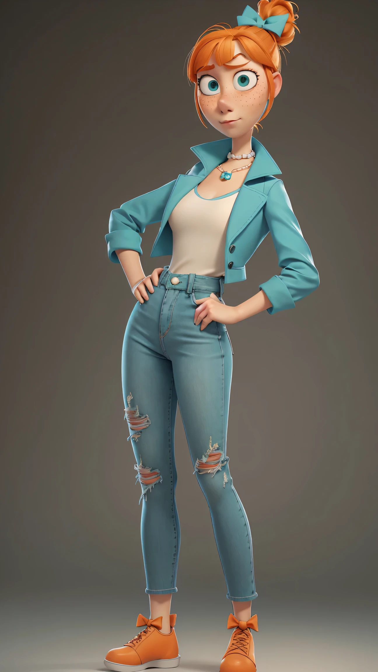 1girl, Orange hair in a bun, green eyes, slight smirk, freckles on cheeks, thin eyebrows, white necklace with a bow, teal jacket, pale skin, standing, cartoon, (pixar:1.2), Lucy Wilde, long nose, bangs, tight jeans,full body view, wide hips, huge breasts, tight top, camel toe