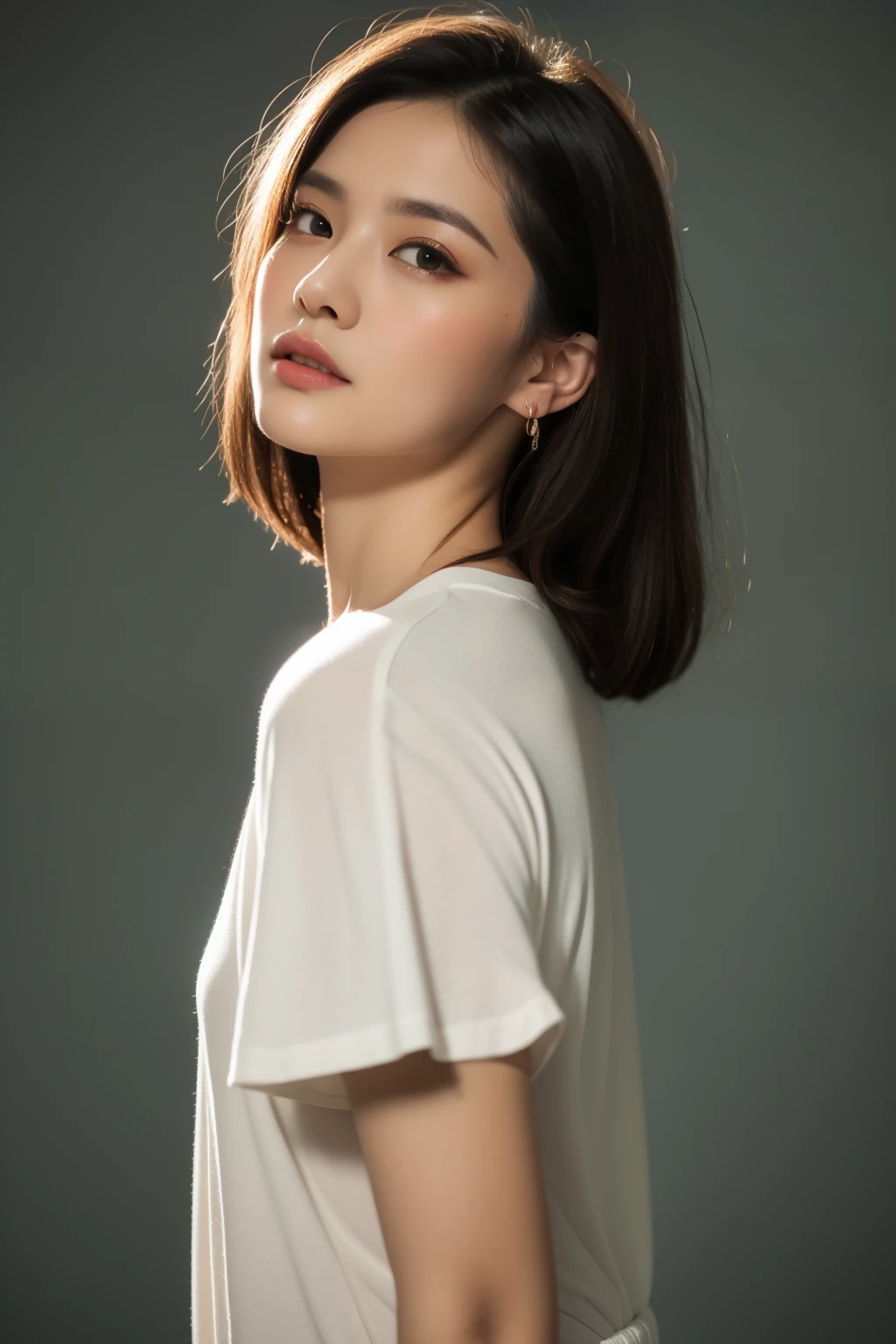 asian lady wear loose T-shirt, necklace, small breast, rounded shape breast, ((she)), ((mid-shot, full body, slender waist)), Hair Up Do、 Glowing eyes, nose blush, Carl Larsson, Alfonse Mucha, Chiaroscuro, Film Glenn, reflective light, (((mid-Shot))), waist to top,longshot show full body, masterpiece, high details, gray background, studio light