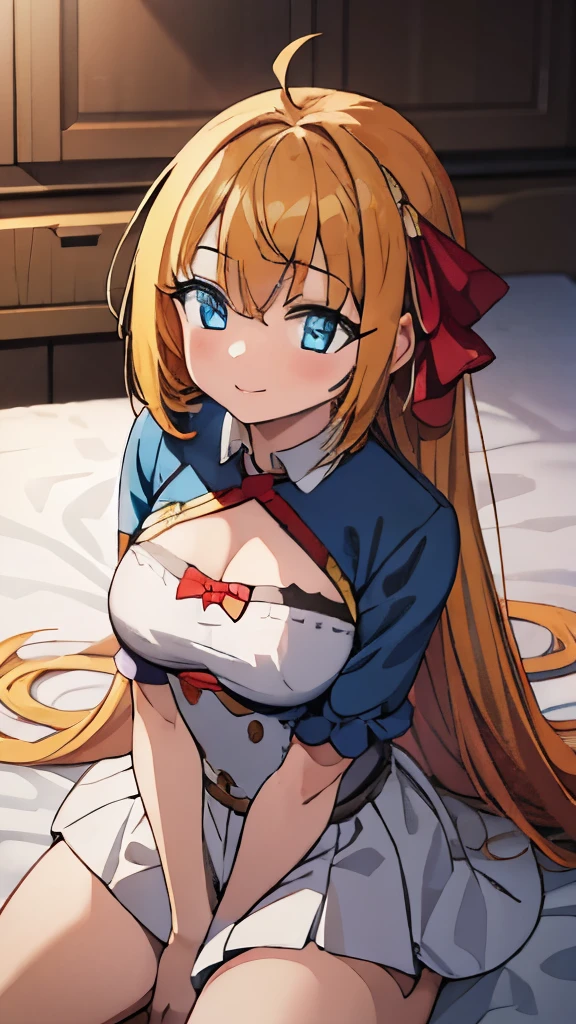 ((muste piece)), ((best quality)), (Super detailed), anime style etc.,peeing on the bed, pretty girl, 1 girl, solo, ((beautiful eyes)), shy smile, small breast,