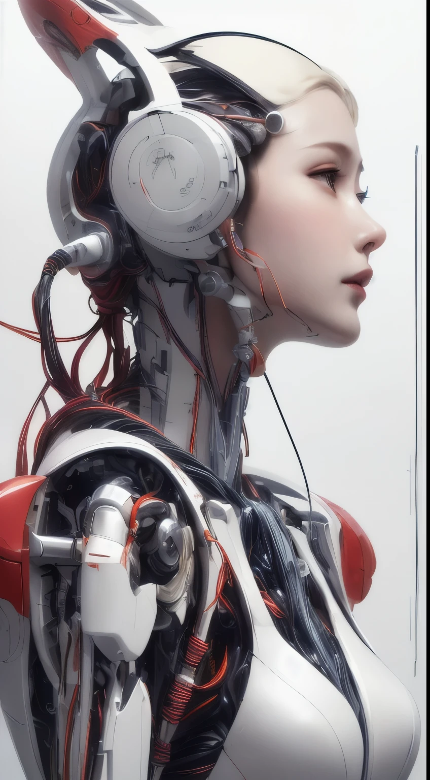 (masterpiece, top quality, best quality, official art, Beautiful and beautiful:1.2), 1 girl,alone, Extremely detailed,rich and colorful,most detailed ((Super detailed)), (Highly detailed CG illustrations), ((extremely delicate and beautiful)),(from the side),movie lighting,((1 mechanical girl)),alone,whole body,(Machine made joints:1.2),((mechanical limbs)),(Blood vessels connected to tubeechanical vertebra attaching to back),((Mechanical cervical spine attachment to the neck)),(sitting),Poker face,(Wires and cables connected to the neck:1.2),(Wires and cables on your head:1.2)(Character focus),Science fiction,White background, Blood,cyborg, dramatic lighting,