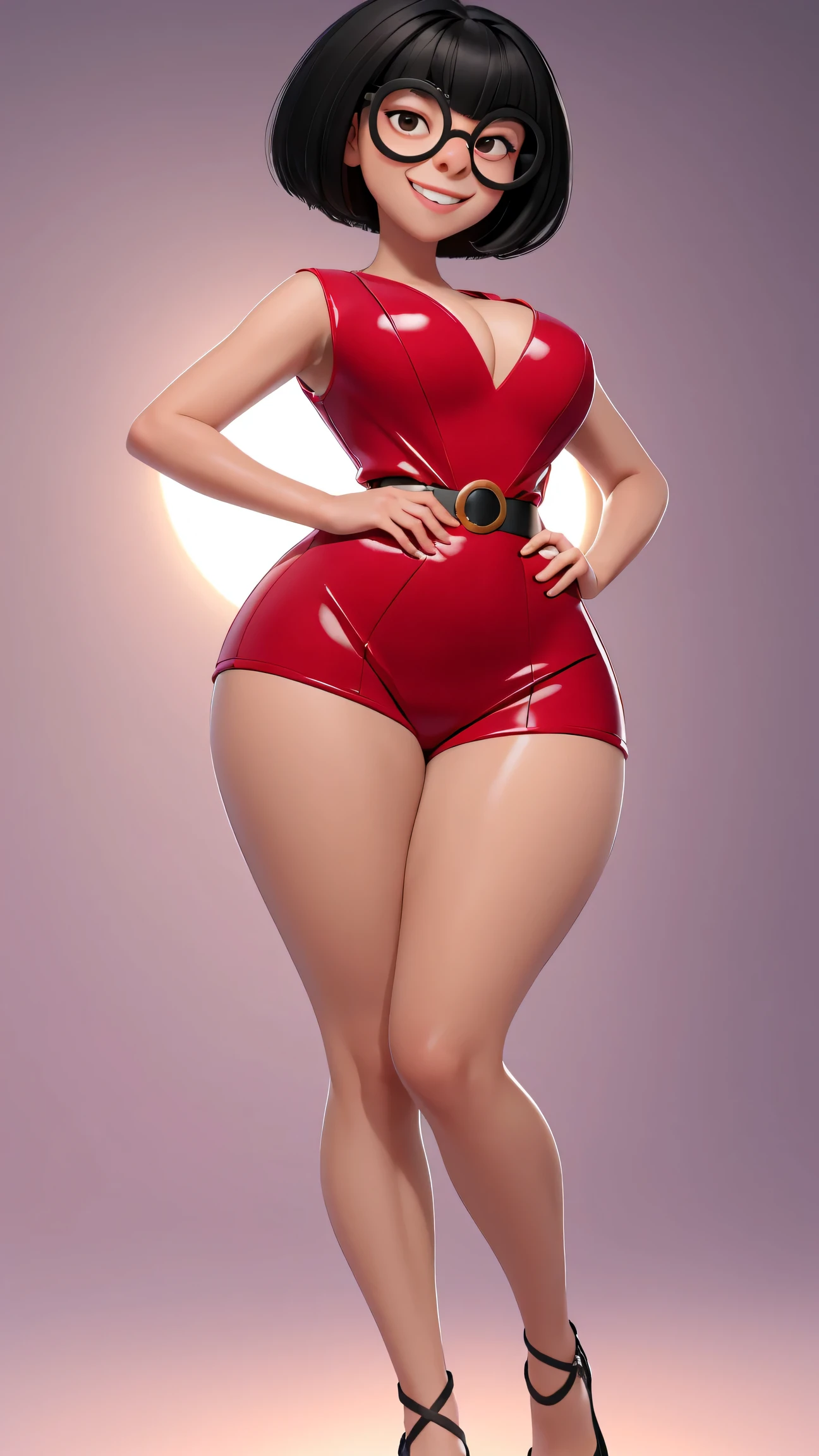 (best quality:1.4),(shiny skin), spreas my legs, spread your legs, body focus, (cute face), (((best quality))), illustration, ((Beautiful Finger)), , Beautiful body, Beautiful character design, ,perfect lighting, Colorful, Bright_Front_face_Lighting, ultra high res, highres, absurdres:1.2, bokeh:1.2, lens flare, (vibrant_color:1.2), (Beautiful, medium breasts:1.2), (thick thighs:1.1), THICK, 1girl,
Short black hair, large round glasses, big round eyes with light pupils, thin eyebrows, small nose, light skin tone, subtle smile, hands on hips, brown eyes, Edna Moda, full body view, show sexy legs, bug breasts, sexy, provocative