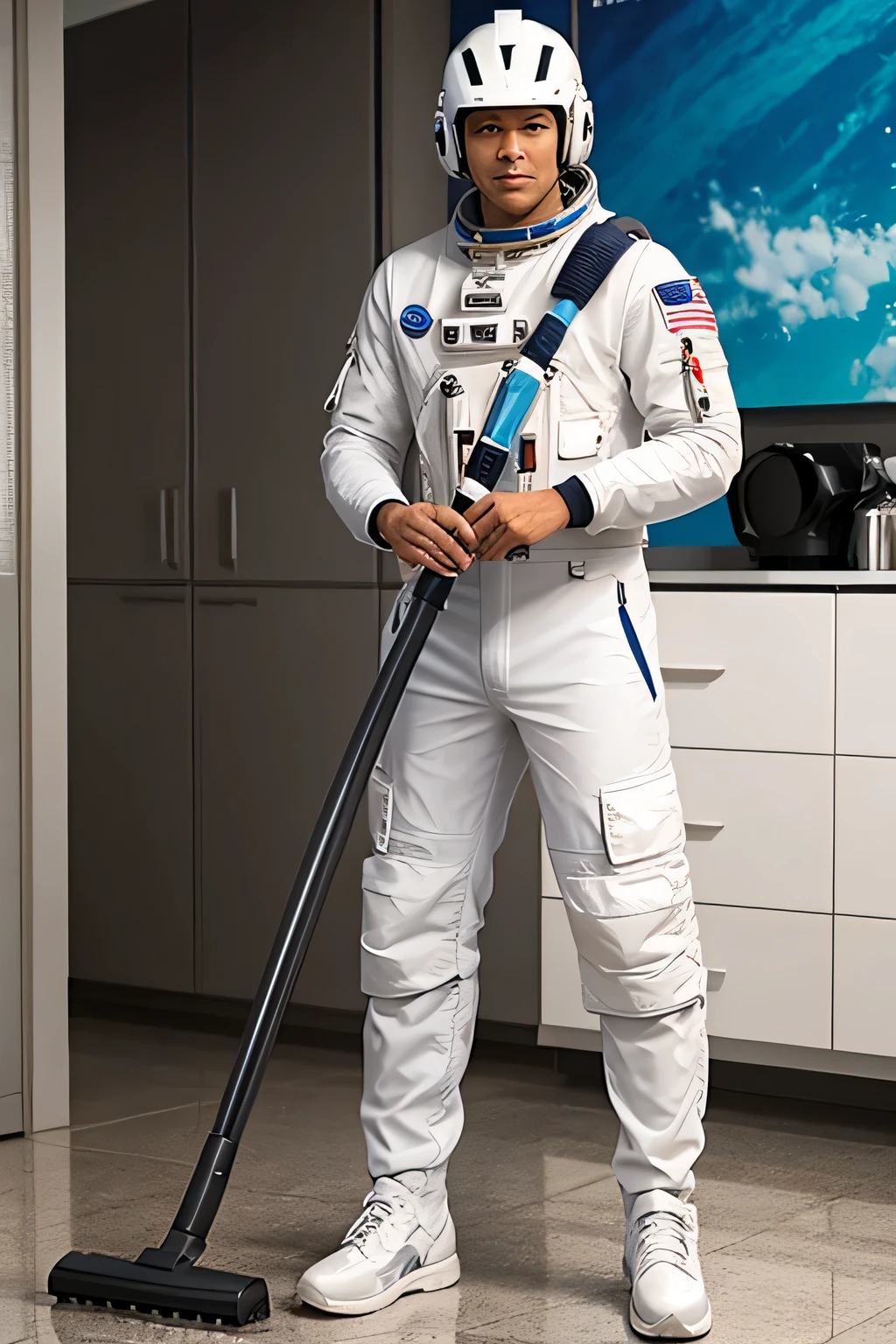 Astronauta masculino realista 3D carregando um aspirador de limpeza, vestido com roupa da NASA, straight position and full body, roupa branca, austraunata com capacete, austraunata com botas austraunata