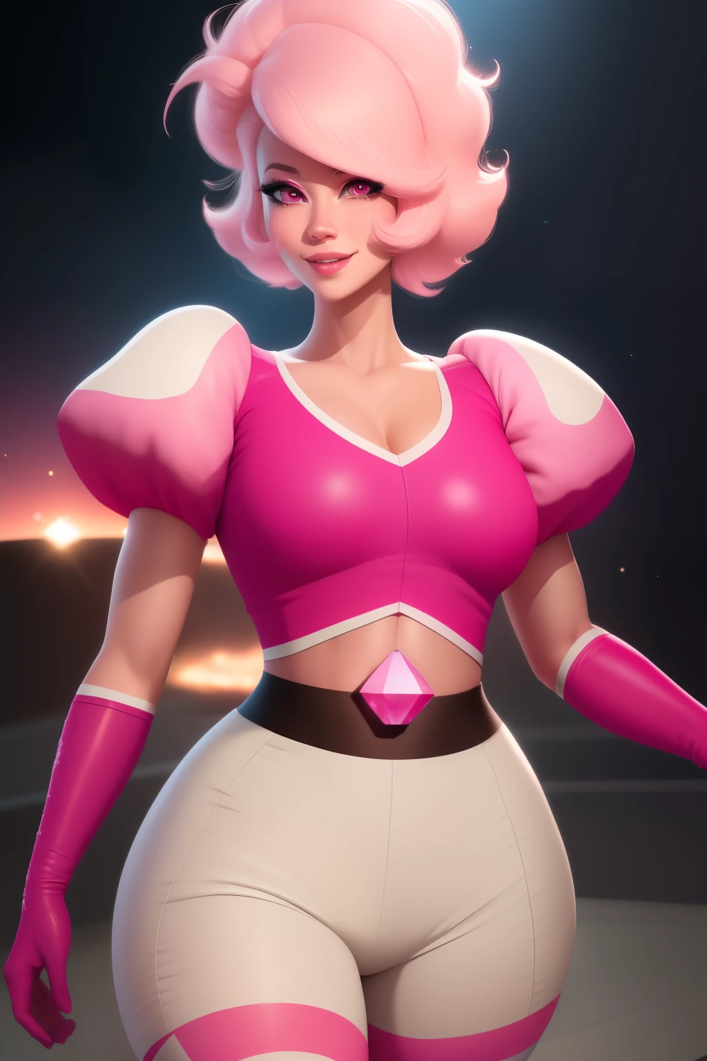 pnkdamond, pink hair, pink eyes,  big hair,  stomach gem,  pink skin,  toned, 
puffy short sleeves, elbow gloves ,  white thighhighs,   puffy dress, 
standing, upper body, 
 outerspace,  
(insanely detailed, beautiful detailed face,beautiful detailed eyes, masterpiece, best quality) cinematic lighting,  smile, 
 