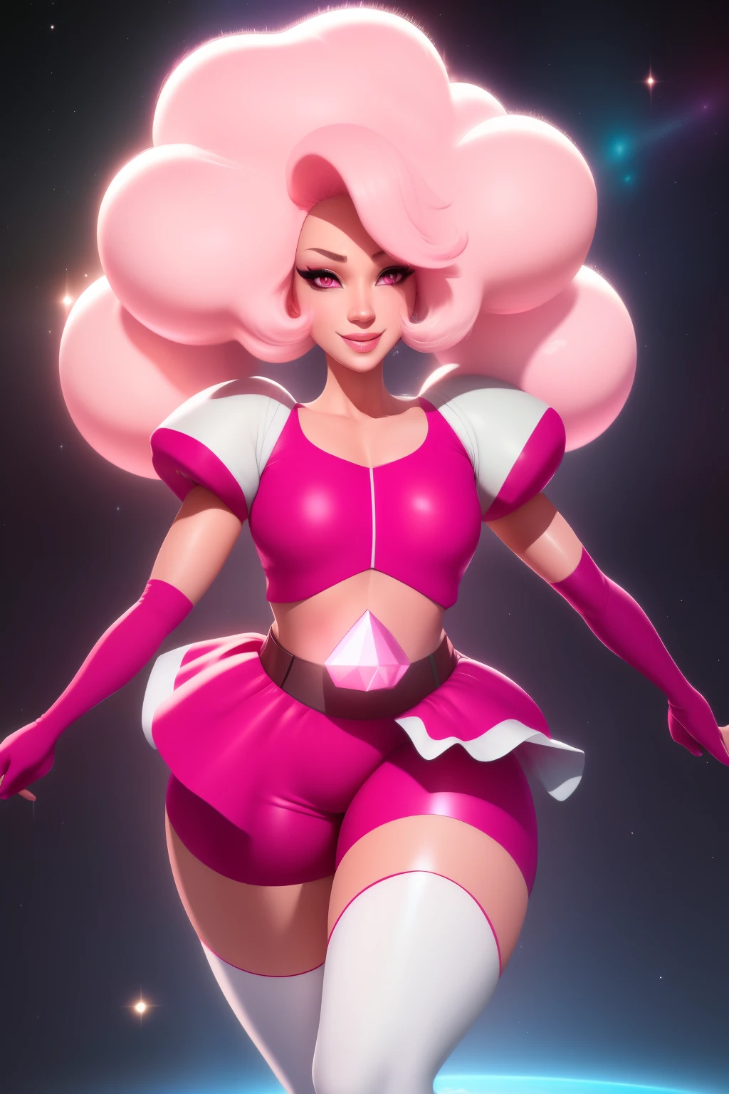 pnkdamond, pink hair, pink eyes,  big hair,  stomach gem,  pink skin,  toned, 
puffy short sleeves, elbow gloves ,  white thighhighs,   puffy dress, 
standing, upper body, 
 outerspace,  
(insanely detailed, beautiful detailed face,beautiful detailed eyes, masterpiece, best quality) cinematic lighting,  smile, 
 