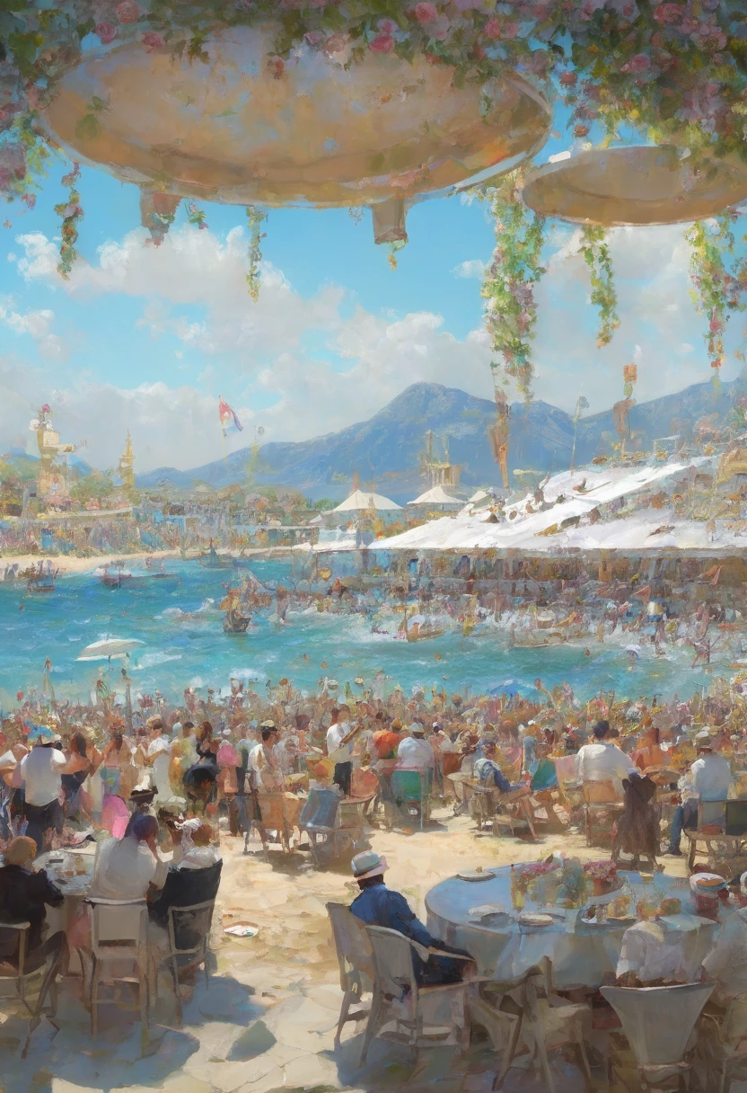 Beach Music Festival, Stage, Spotlight, Band, (best quality, masterpiece, Representative work, official art, Professional, Ultra intricate detailed, 8k:1.3)