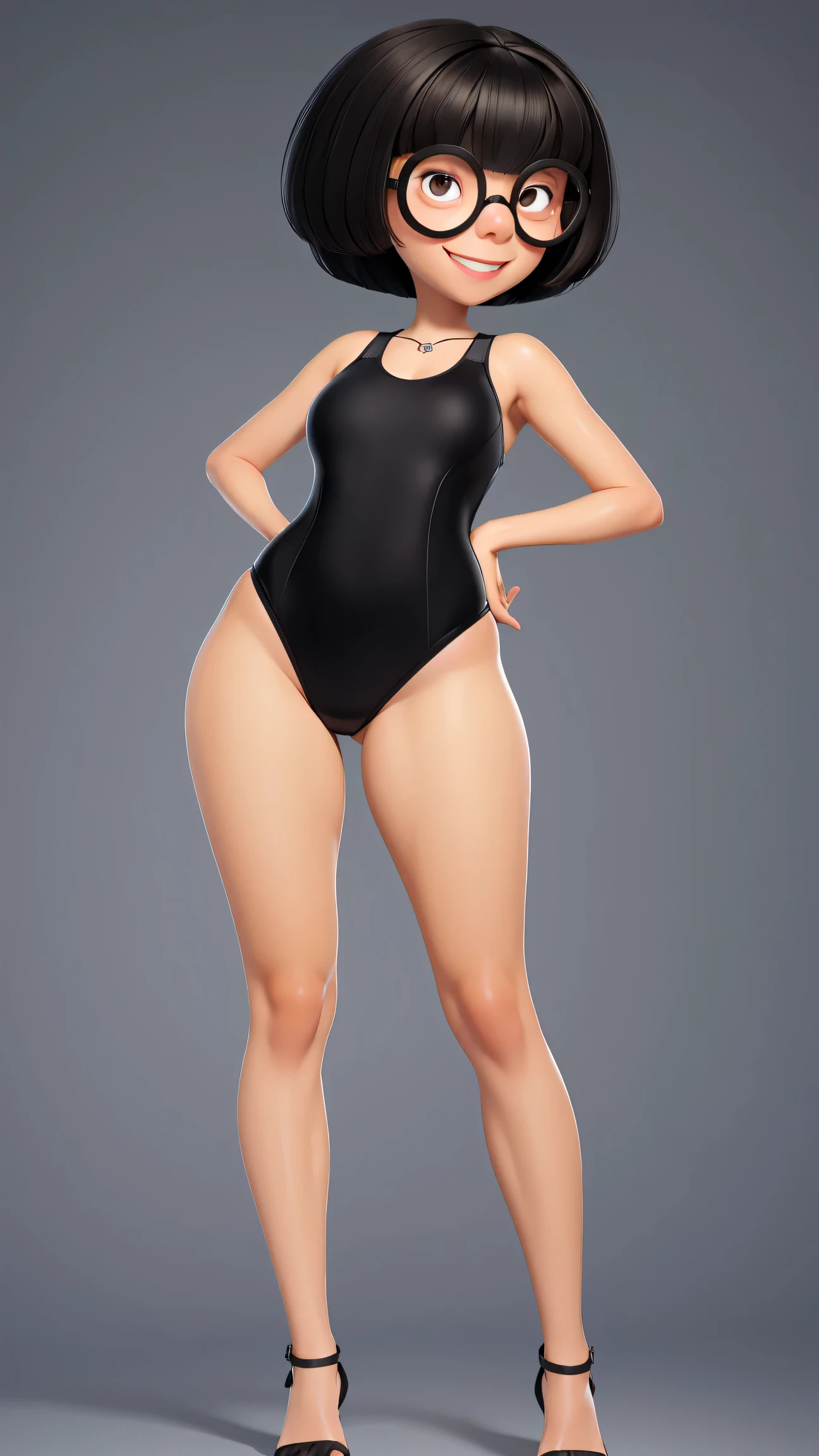 (best quality:1.4),(shiny skin), body focus, (cute face), (((best quality))), illustration, ((Beautiful Finger)), , Beautiful body, Beautiful character design, ,perfect lighting, Colorful, Bright_Front_face_Lighting, ultra high res, highres, absurdres:1.2, bokeh:1.2, lens flare, (vibrant_color:1.2), (thick thighs:1.1), THICK, 1girl,
 Short black hair, large round glasses, big round eyes with light pupils, thin eyebrows, small nose, light skin tone, subtle smile, wearing a swim suit, hands on hips, brown eyes, Edna Moda, full body view, show sexy legs, big breasts, sexy, provocative