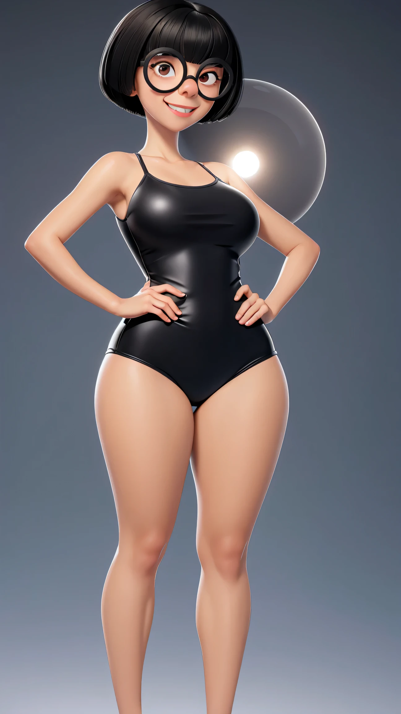 (best quality:1.4),(shiny skin), body focus, (cute face), (((best quality))), illustration, ((Beautiful Finger)), , Beautiful body, Beautiful character design, ,perfect lighting, Colorful, Bright_Front_face_Lighting, ultra high res, highres, absurdres:1.2, bokeh:1.2, lens flare, (vibrant_color:1.2), (thick thighs:1.1), THICK, 1girl,
Short black hair, large round glasses, big round eyes with light pupils, thin eyebrows, small nose, light skin tone, subtle smile, wearing a swim suit, hands on hips, brown eyes, Edna Moda, full body view, show sexy legs, big breasts, sexy, provocative