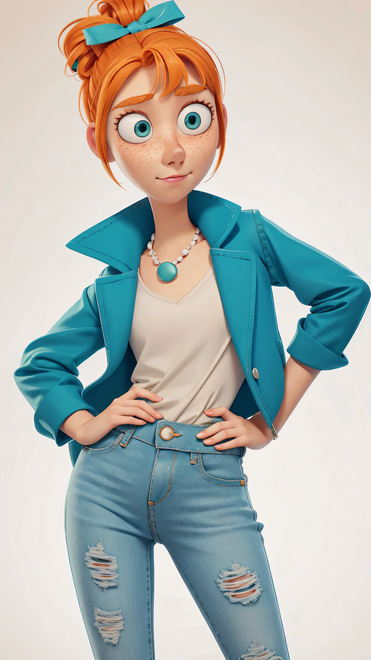 1girl, Orange hair in a bun, green eyes, slight smirk, freckles on cheeks, thin eyebrows, white necklace with a bow, teal jacket, pale skin, standing, cartoon, (pixar:1.2), Lucy Wilde, long nose, bangs, tight jeans,full body view