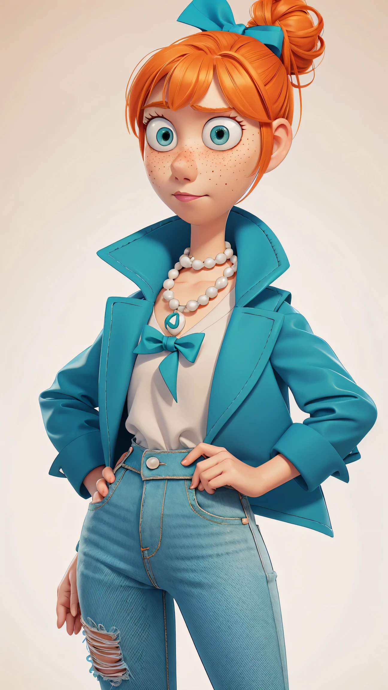 1girl, Orange hair in a bun, green eyes, slight smirk, freckles on cheeks, thin eyebrows, white necklace with a bow, teal jacket, pale skin, standing, cartoon, (pixar:1.2), Lucy Wilde, long nose, bangs, tight jeans,full body view