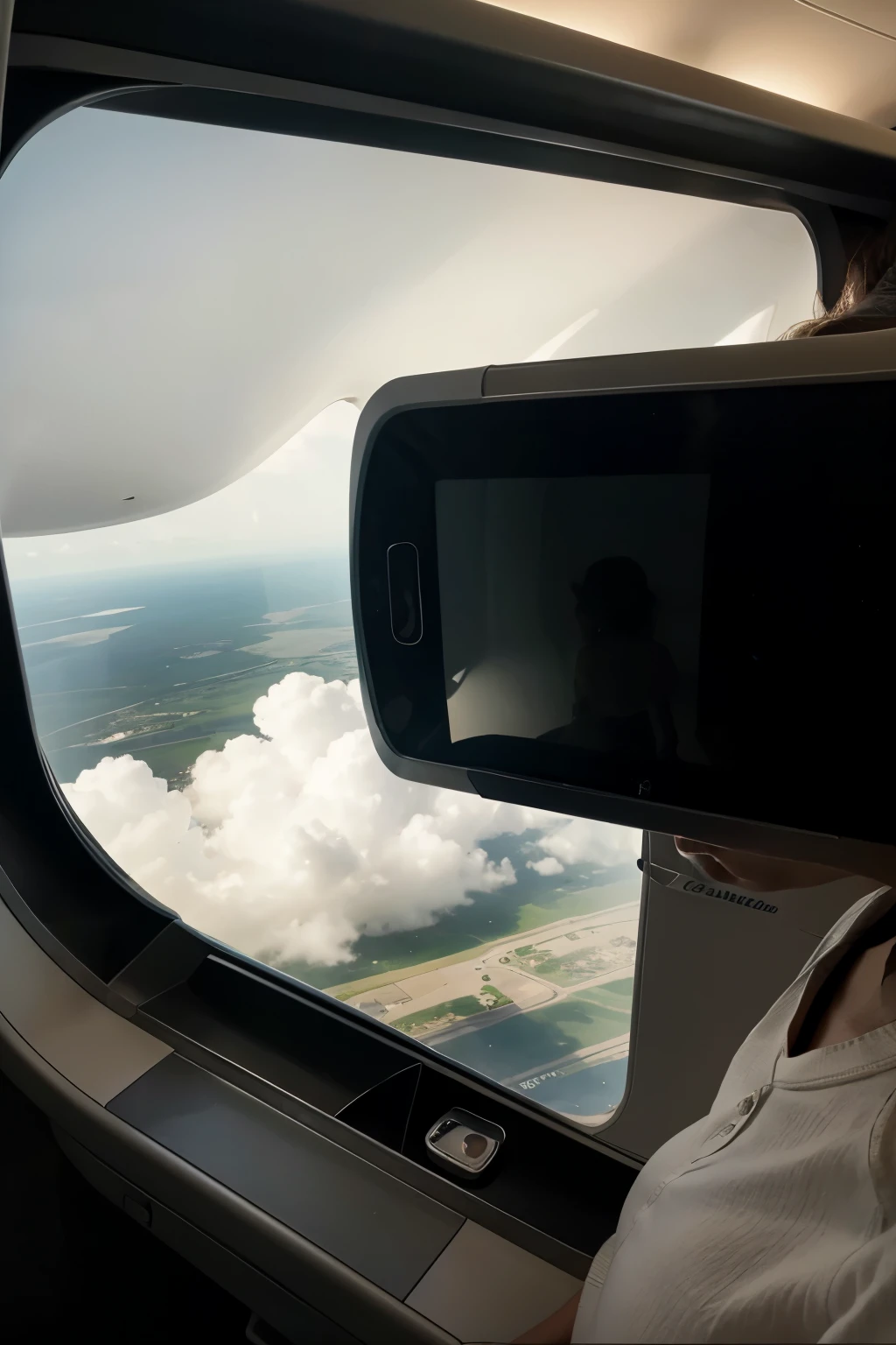 photo from inside a plane with several people from a cell phone perspective
