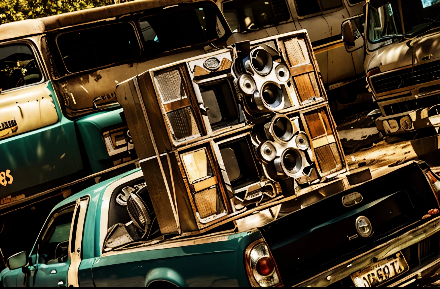 there is a truck with speakers on the back of it, lowrider style, highly technical, trailer, big ghetto blaster, full car, outdoor rave, highly creative, swagger! lowrider culture, lowriders, giant speakers, nostalgic vibes, taken in the early 2020s, ghetto blaster, truck, dj set, tunning, taxis
