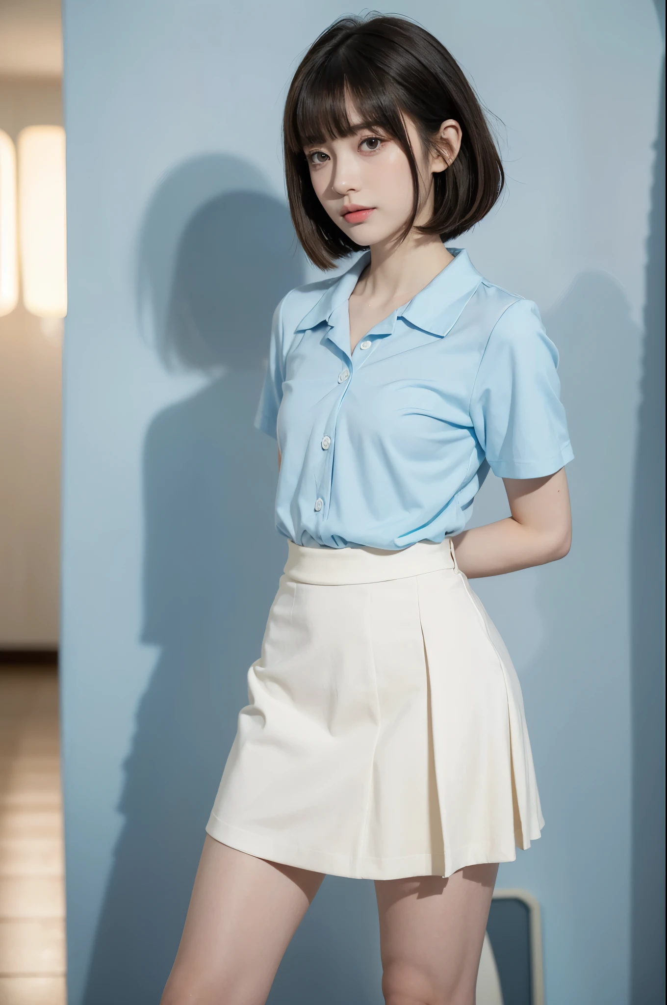 ((white short sleeve blouse、ultra mini pleated skirt、dark blue)), ((red tie))、 ((black boots))、((whole body esbion))、((side shot))、((、small and flat chest))、Beautiful girl with realistic black eyes, white skin, medium length black hair, perfect face, perfect eyes, very detailed, comprehensive movie, digital painting, 8K, cinematic lighting, highest quality, High resolution, detailed work, Post-processing, perfect results, surreal、Little dance、Frolic、My heart is excited、((8-year-old、Ten generations))