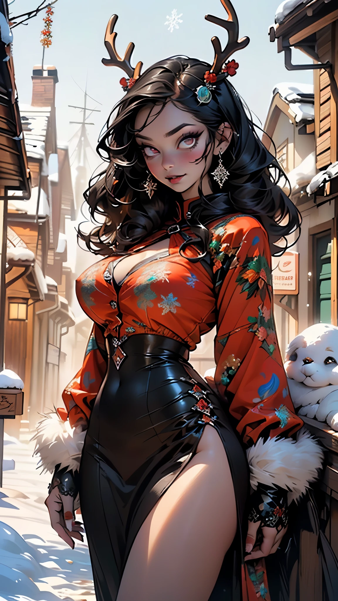 gothic reindeer girl,(((1girl))),((extremely cute and beautiful black hair anime gothic reindeer girl)),

(((anthro furry:1.2), Playboy_Reindeer, reindeer_antlers,(huge antlers:1.5,dear antlers:1.5,blooming antlers:1.5))),(large breasts:1.4),saggy breasts,((((black hair twintails:1.35,large hair twintails,ear breathing)))),(((red_eyes:1.3))),intricate eyes,beautiful detailed eyes,symmetrical eyes,big eyes:1.5,(((lustrous skin:1.5,bright skin: 1.5,skin tanned,shiny skin,very shiny skin,shiny body,plastic glitter skin,exaggerated shiny skin,illuminated skin))),(spider lower abdomen,narrow waist,wide hip,athletic body,inflated legs,thick thighs,detailed body,(detailed face)),

cute,slutty,seductive,erotic,(((nsfw))),

zettai ryouiki,revealing clothing,show skin,(((Sexy goth fur coat, goth fur coat outfit, wearing a goth fur coat:1.3,dark red winter coat))),((red goth mini-skirt,red goth mini skirt with furry edge,visible thong straps, navel)),((underpants strap)),(red gothic clothes,semi-naked,with little goth clothing),((((Black Eyeshadow,Thick Black Eyeliner,Long Dramatic Eyelashes,Black Lips))),(((intricate outfit,intricate clothes,embroidered outfit,ornate outfit))),

(dynamic pose:1.0),embarrassed,(centered,scale to fit dimensions,Rule of thirds),

(((winter town decked out in festive decorationajestic Christmas tree))),(((sparkling lights over the village))),(((star-topped tree))),(((festive village square))),(((snow))),(((snow-covered scene))),(((winter wonderland))),(((snowflakes))),(((cottages and houses))),(((scenery))),

(Glossy winter ornaments),highres,sharp focus,(ultra detailed,extremely detailed),(photorealistic artwork:1.37),(extremely detailed CG unity 8k wallpaper),(((vibrant colors,vibrant theme))),(intricate),(masterpiece),(best quality),artistic photography,(photography taken by sldr),(intricate background),perfect rendered face,perfect face details,realistic face,photo realistic,analog style,((intricate detail)),(((realism))),
