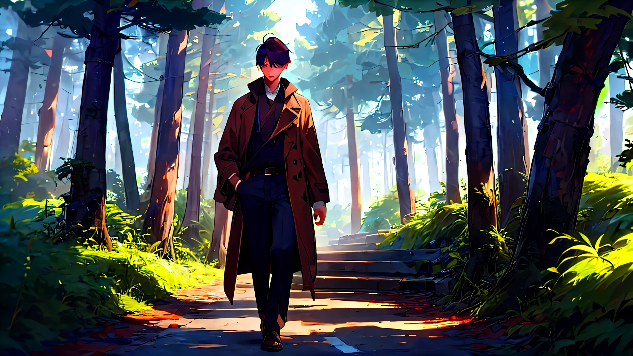 1  aged 20 years, male, Good looking, He was walking through his pants pockets., walking in the forest alone, The road in front of the village, Old brown coat , Clear face