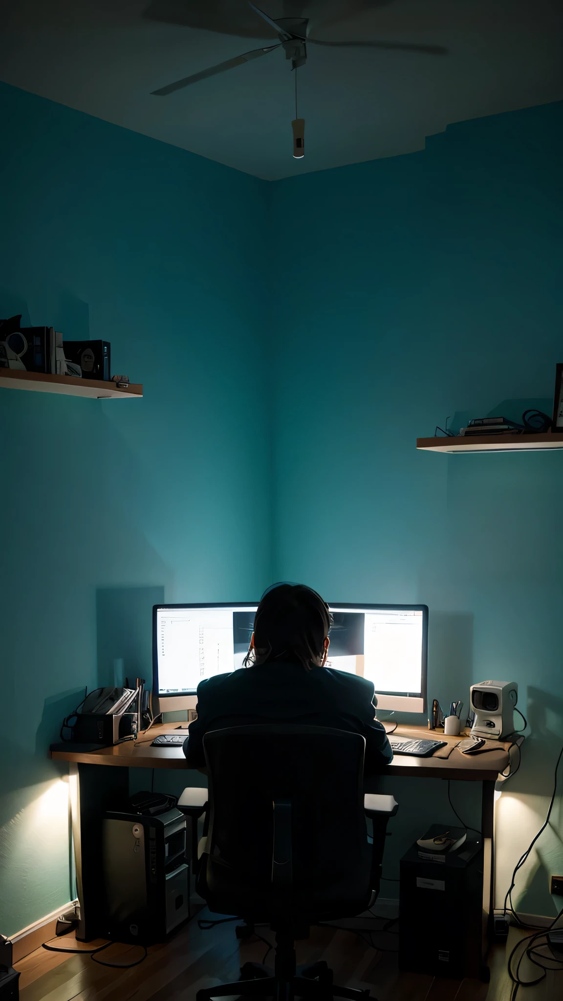 imagen hiperrealista de un programador/Hacker in a room with the light off at night., Third person perspective from a corner of the room sitting at his desk in front of computer programming, sus faciones deben ser correctas