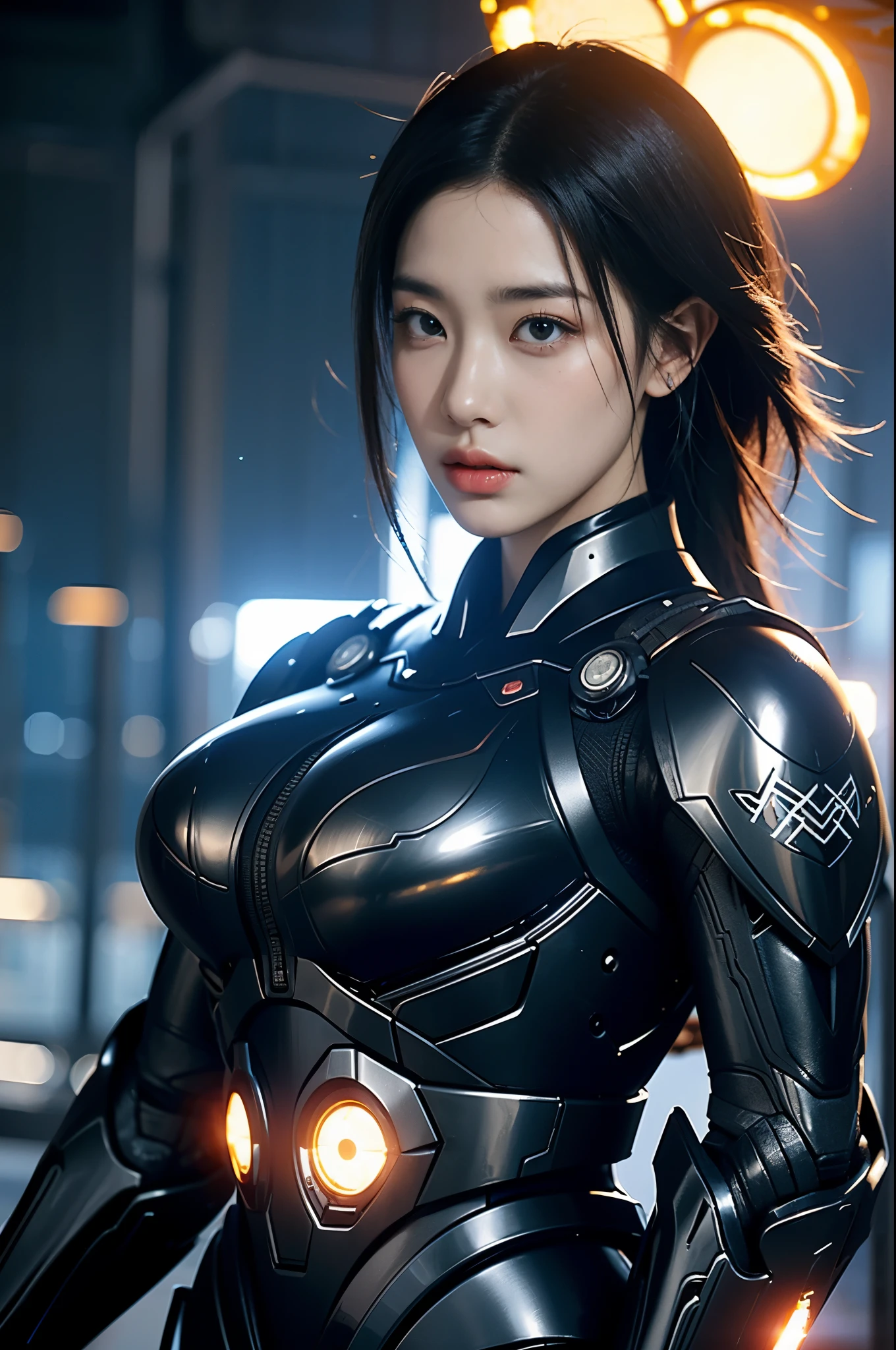 game art，best picture quality，Highest resolution，8k，((A half-length photo))，((portrait))，(rule of thirds)，Unreal Engine 5 rendering works， (Future girl)，(female warrior)， 22-year-old young hacker)，(ancient oriental hairstyle)，(Beautiful eyes full of details)，(big breasts)，(eye shadow)，Elegant and charming，indifferent，((frown))，(Combat suit full of futuristic technology，The costume combines futuristic power armor and，Clothing is decorated with glittering patterns and emblems)，cyberpunk characters，in the style of futuristic， photo poses，city background，lamp，Ray tracing，Game CG，((3D Unreal Engine))，OC rendering reflection pattern