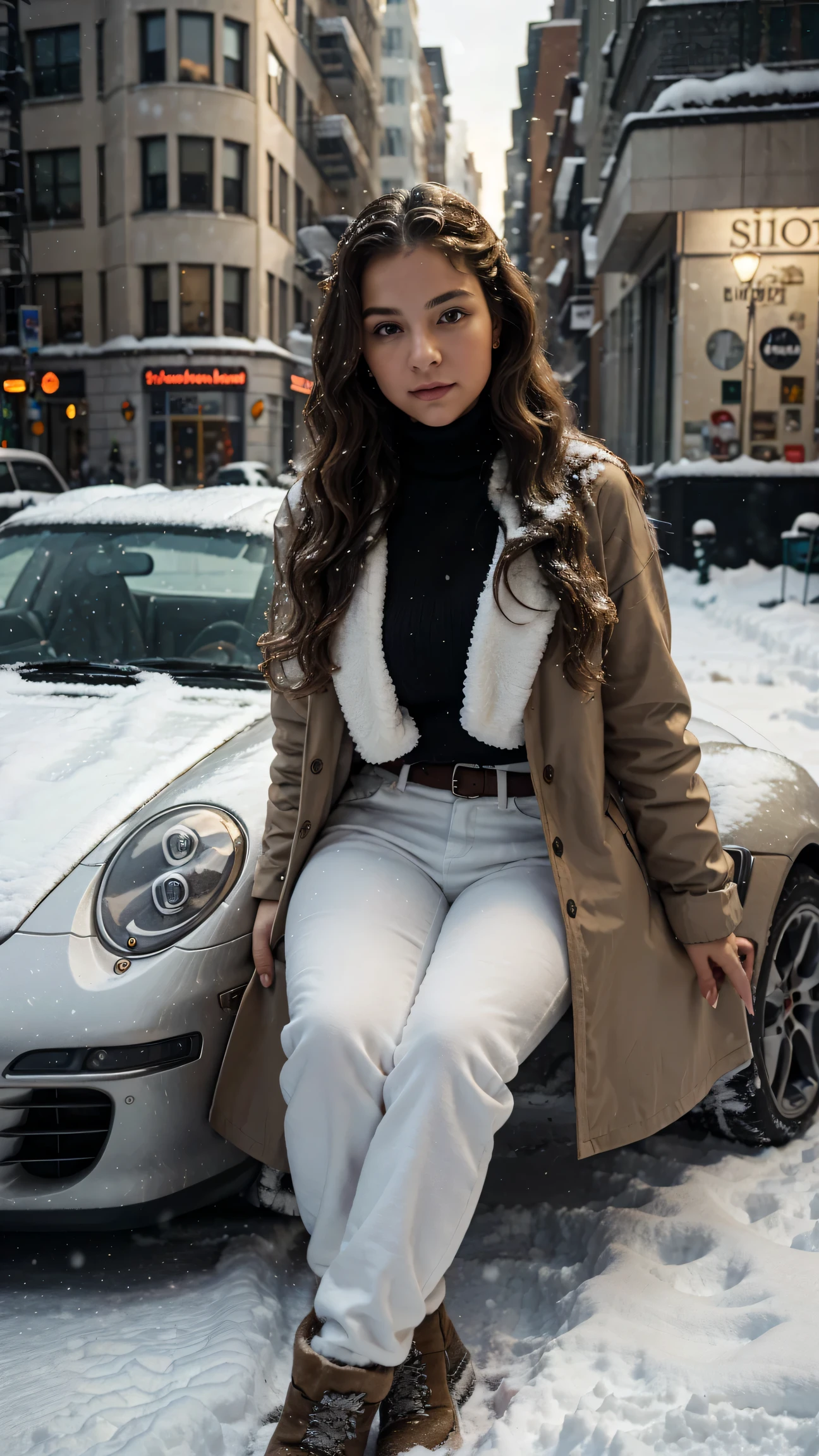 1 femme, Long Wavy Hair,New York, sitting in a Porsche with snow around, snow background, big buildings, empty street, Porsche, Porsche 911, Porsche 911 1990, night, lights, realistic, 8K, real, hair in style of light brown and light amber, dark brown eyes, 80 DD cup tits, big jacket, shirt, big shirt, cold, winter, snow, [[snow]], a lot of snow, winter wonderland, view from top, full body, sexy pose, smart look, long legs, night, rollneck, classy, crowd, water, strong shirt